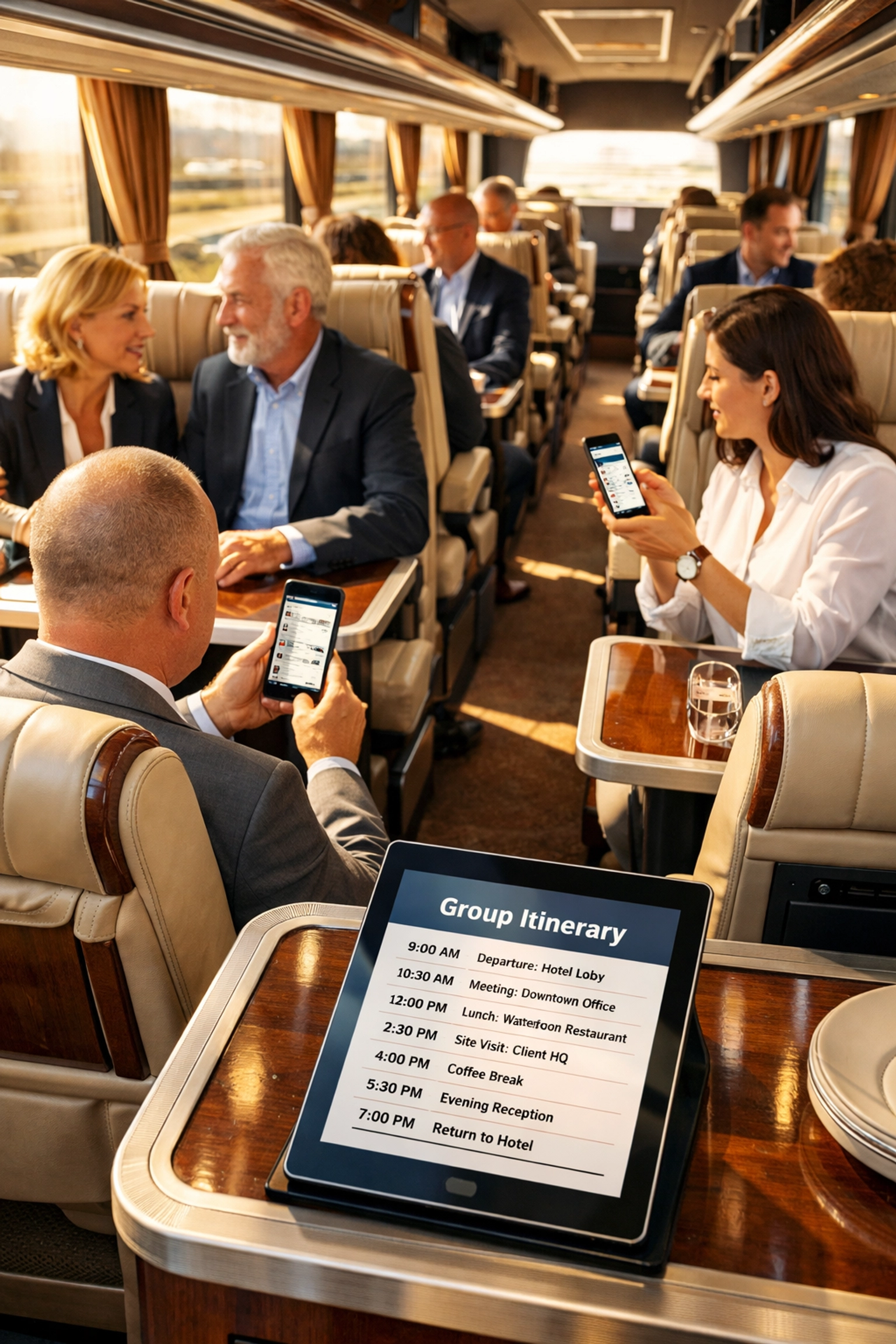 Luxury coach bus interior with business executives coordinating Super Bowl group travel