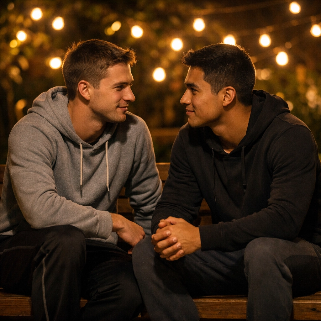 Gay athletes in Olympic Village sharing secret conversation at night