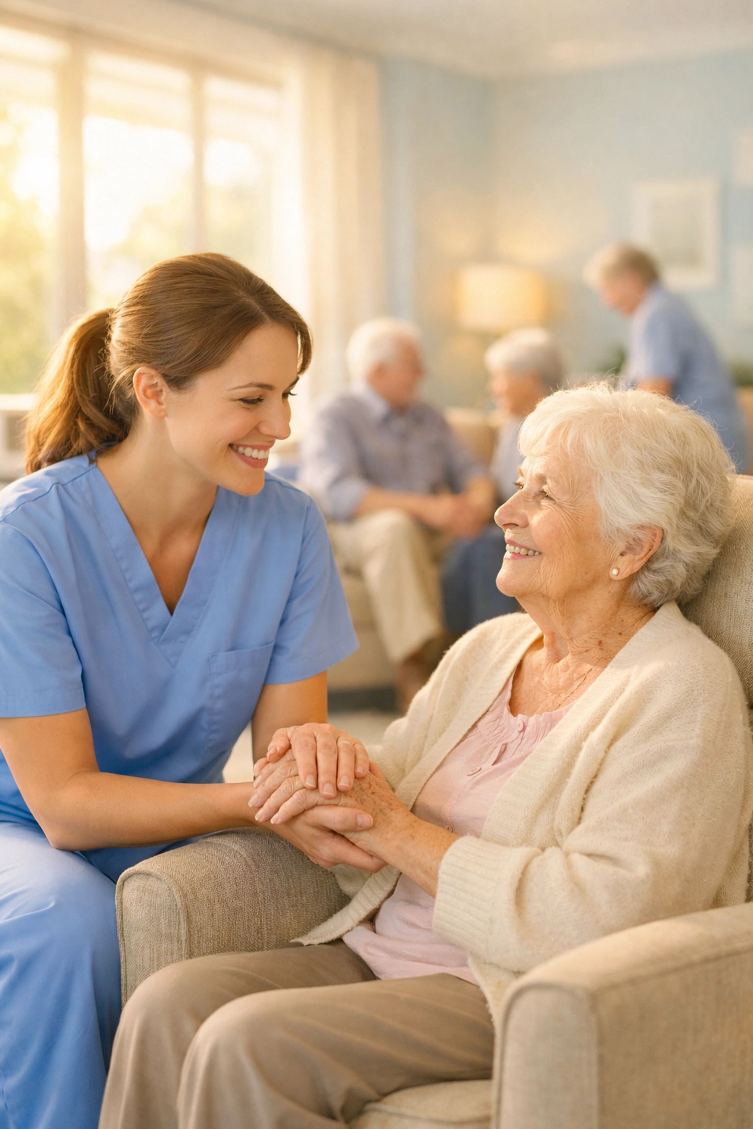 Caregiver assisting elderly woman in Sarasota assisted living facility