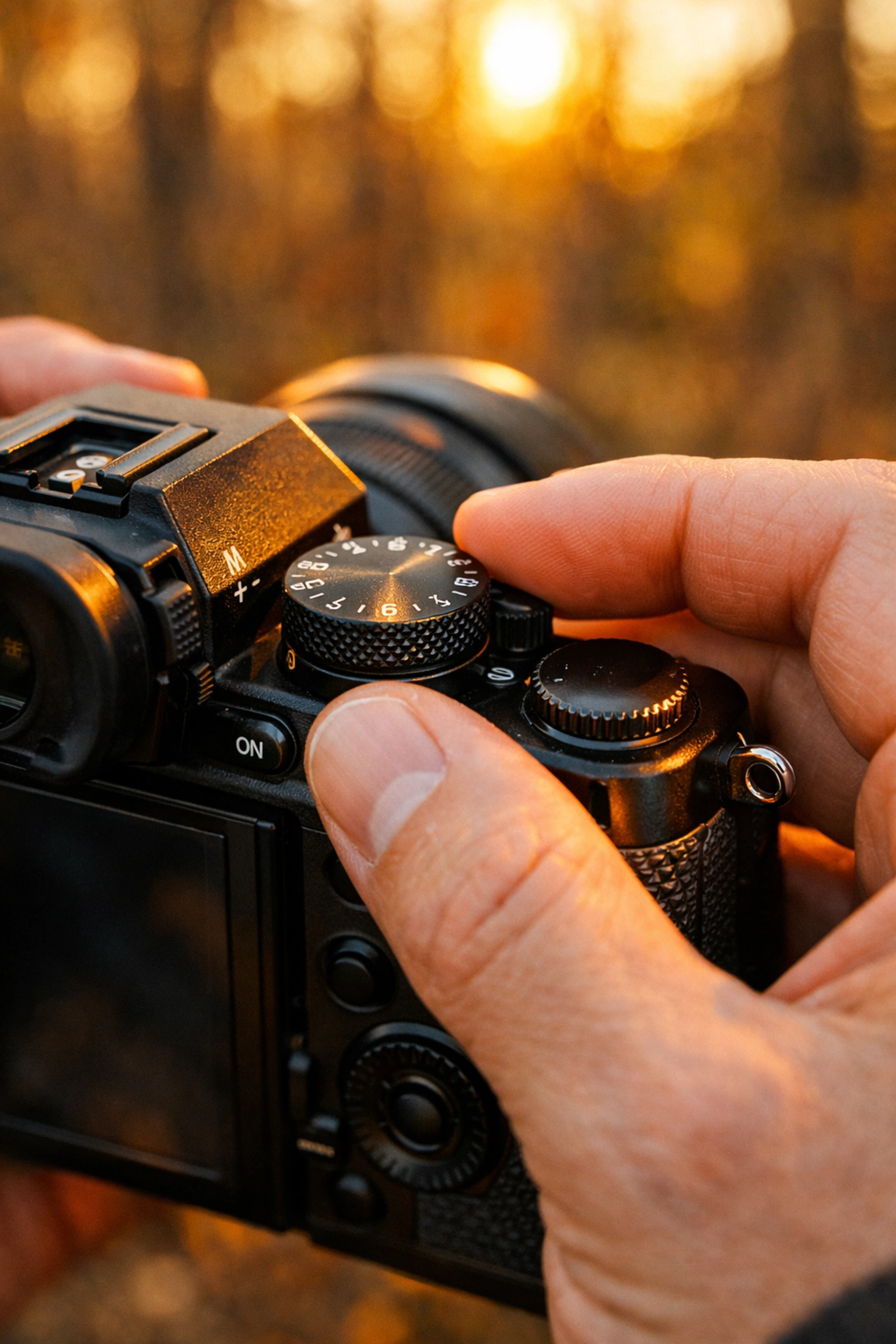 Close-up of hands on a camera dial to master manual mode 101 settings for better photography.