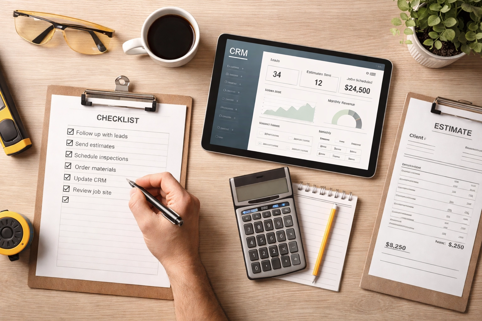 Organized contractor workspace with CRM dashboard and checklists, highlighting efficient home service business systems.