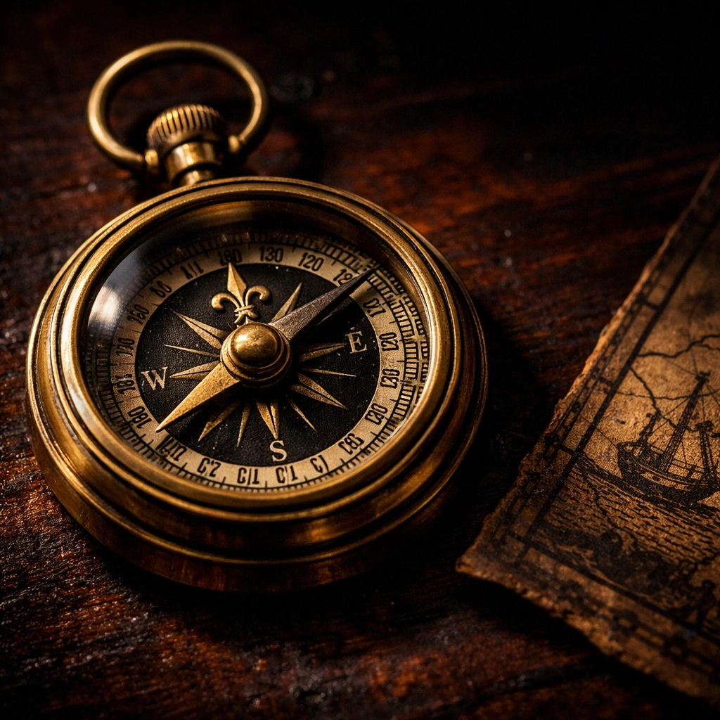Vintage brass compass and map on a dark desk, symbolizing intentional travel design for busy professionals.