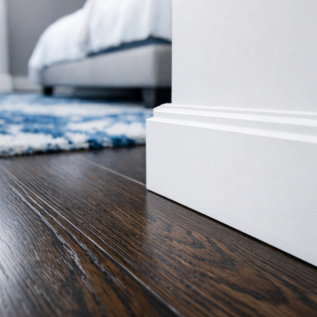 Close-up of polished hardwood floors and clean baseboards after a professional move-in cleaning in Boston.