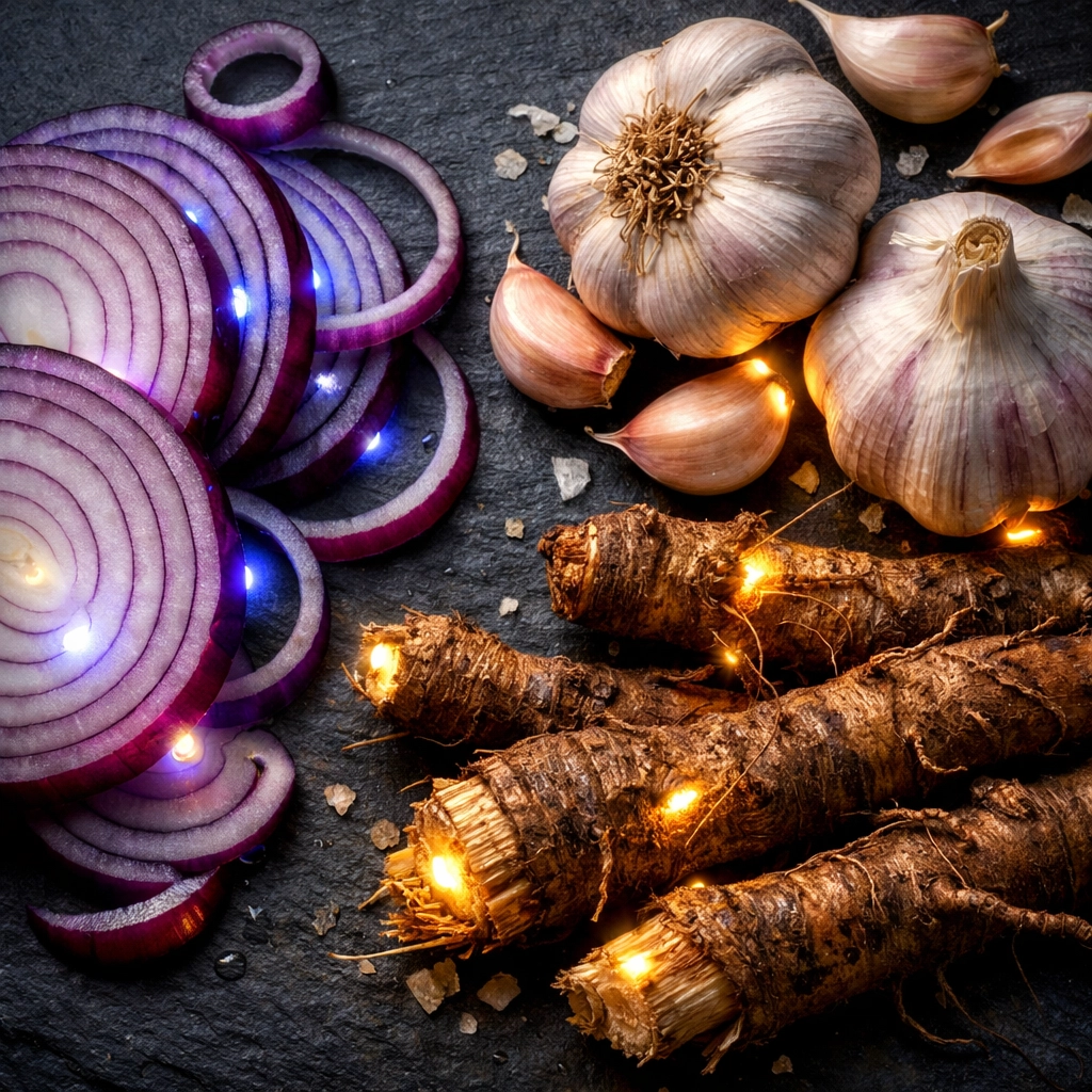 A variety of prebiotic-rich foods like onions and chicory root providing fuel for gut bacteria.