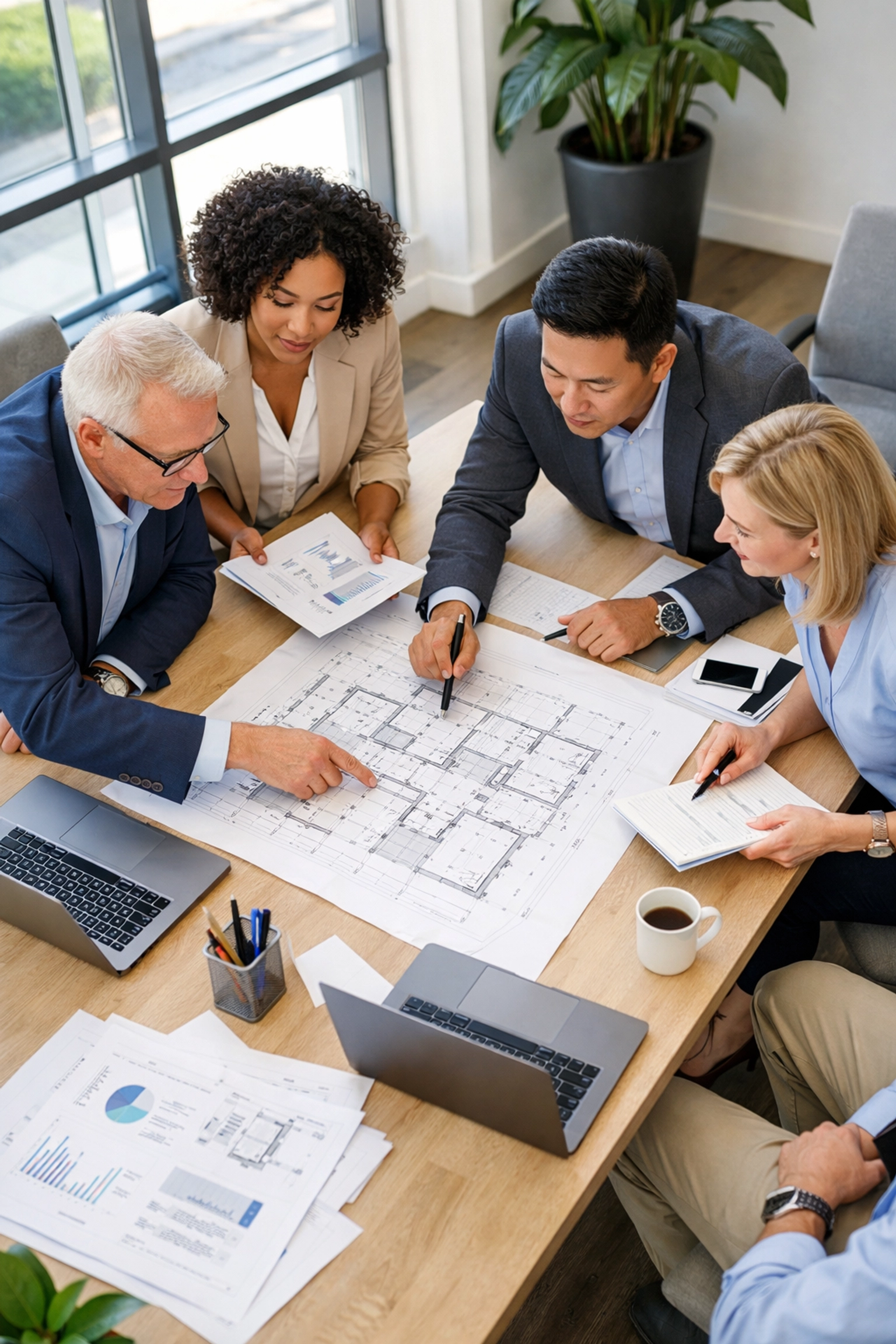 Real estate investors reviewing property investment plans and blueprints at business meeting