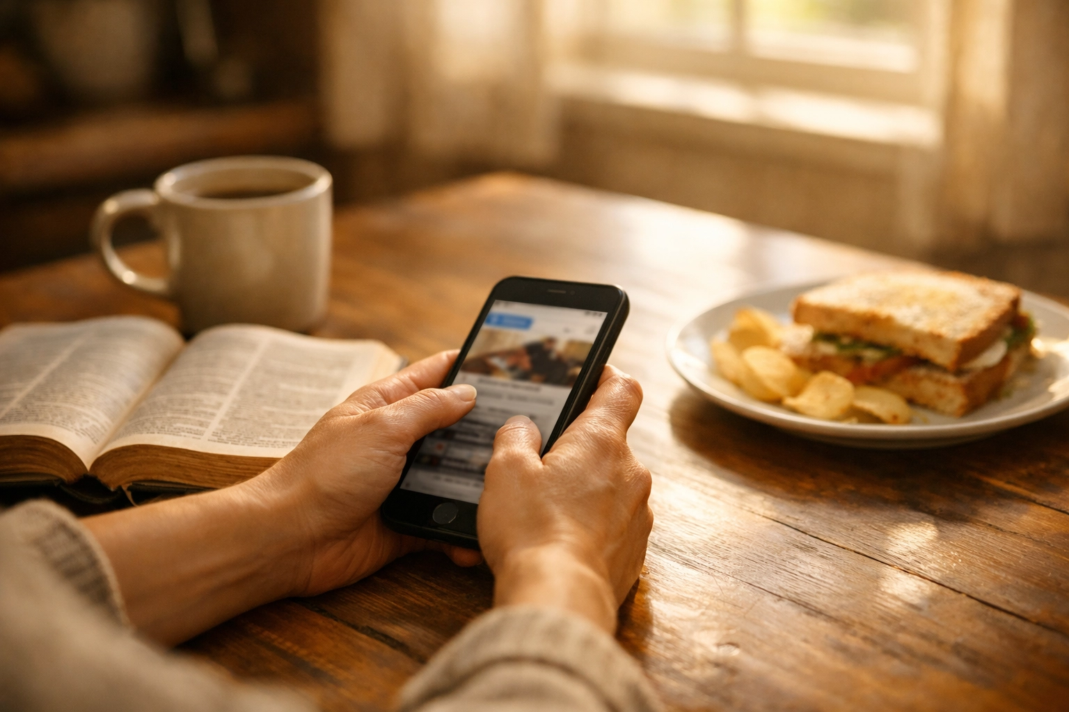 Hands praying over smartphone beside open Bible before checking midday news headlines