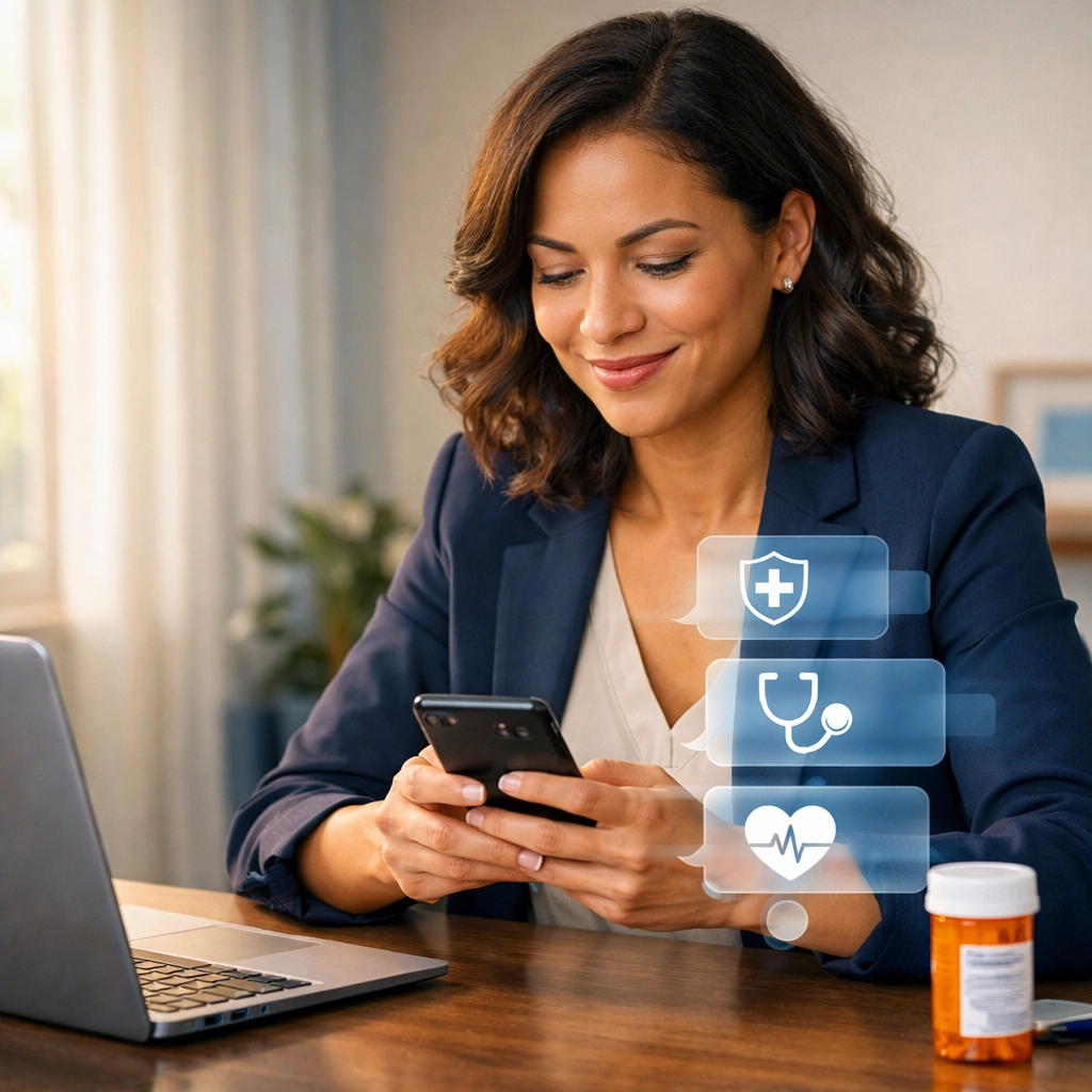 Professional woman texting with online doctor for urgent care consultation at home