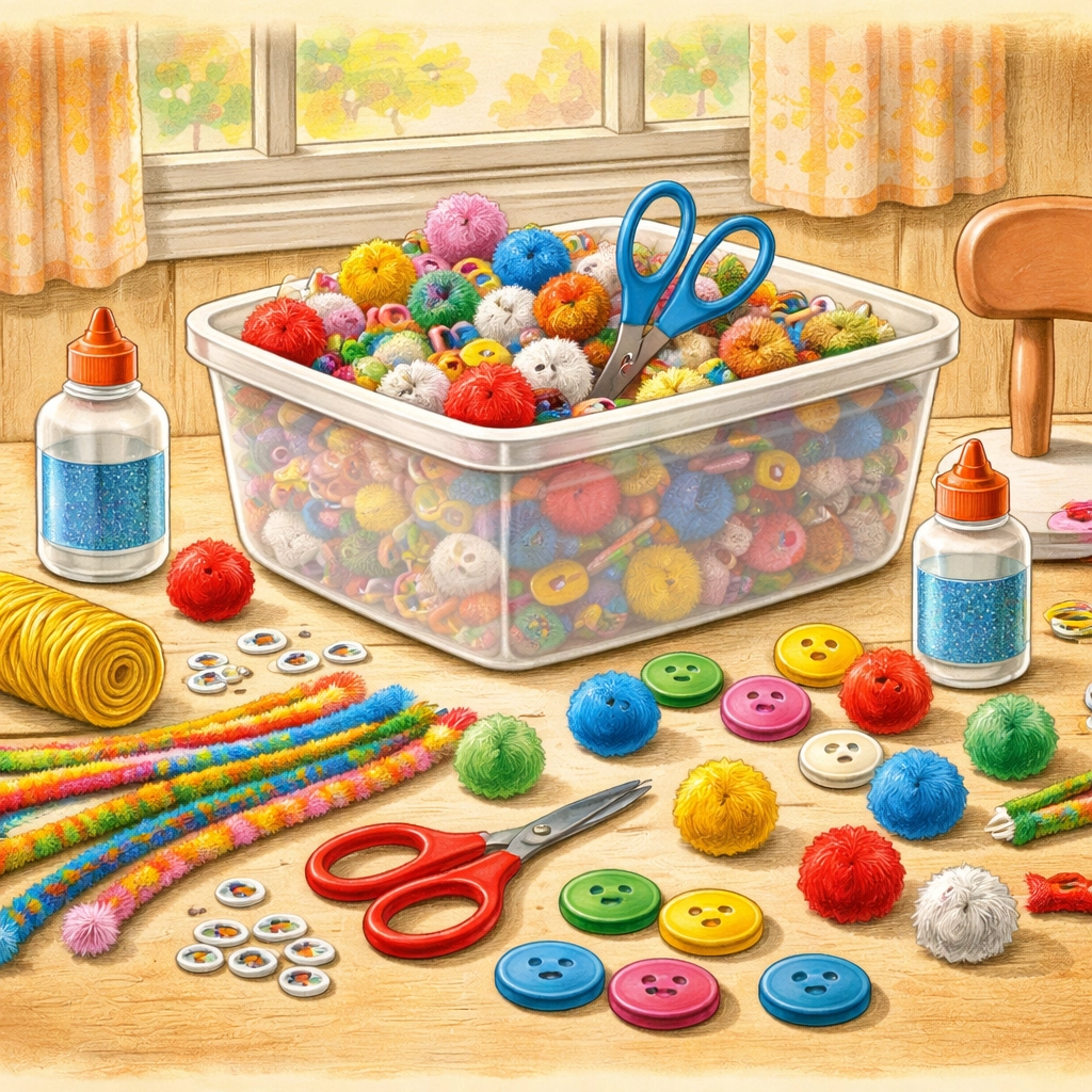 Kitchen table set up with a large plastic color matching bin, pom poms, buttons, and pipe cleaners for kids' sorting activity