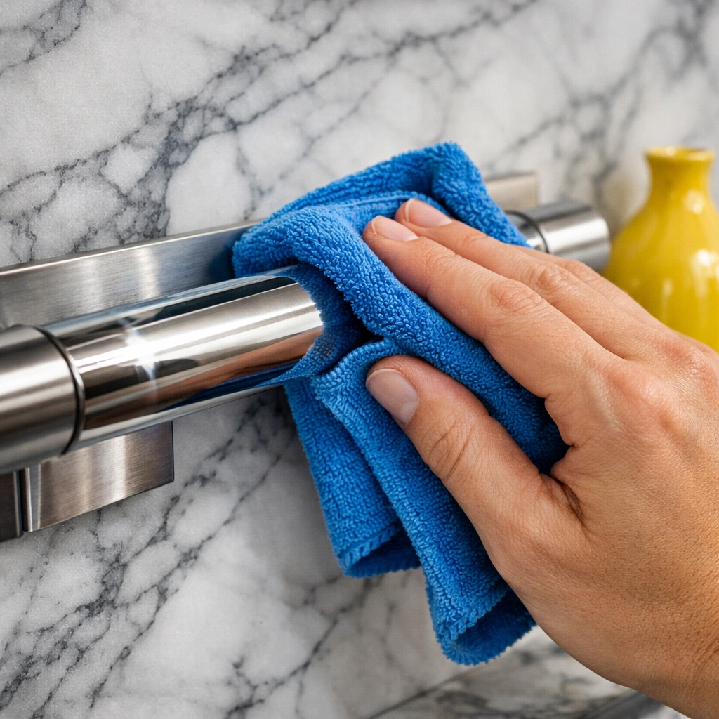 Professional deep cleaning in Westborough: Polishing high-end stainless steel appliances and marble surfaces.
