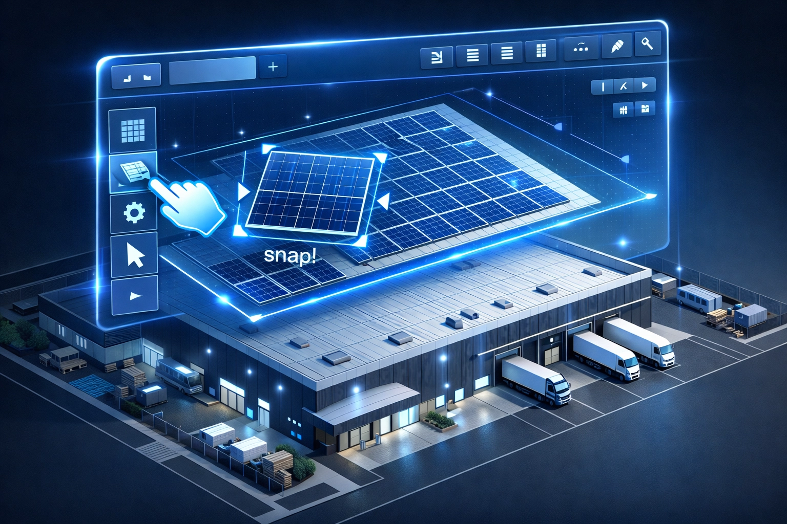 Digital solar design tool interface showing panel placement on a commercial warehouse roof.