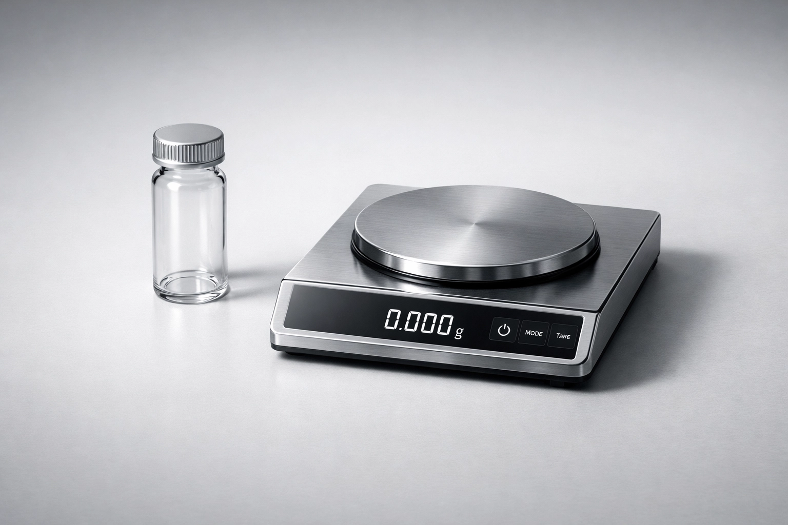 Precision lab scale and peptide vial for accurate reconstitution calculations.