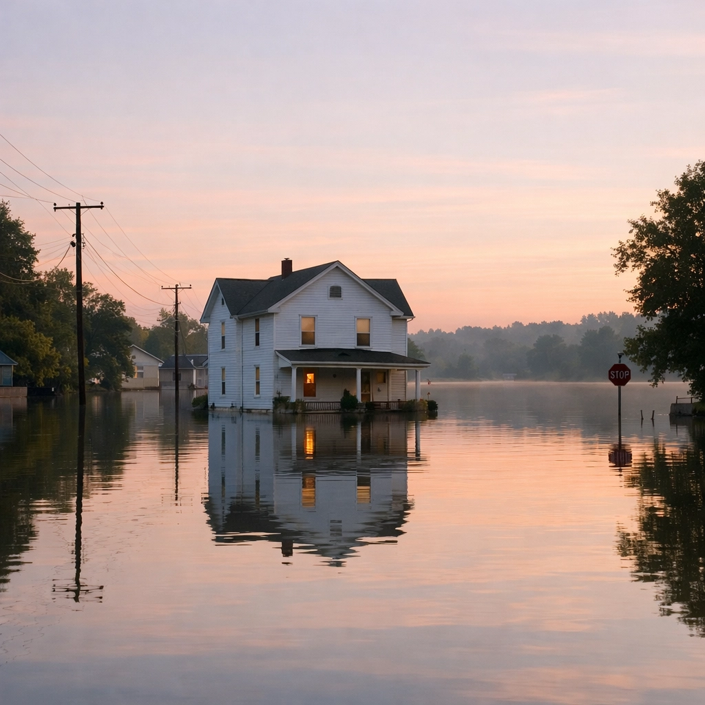 Flooded residential street in Pennsylvania neighborhood requiring separate flood insurance