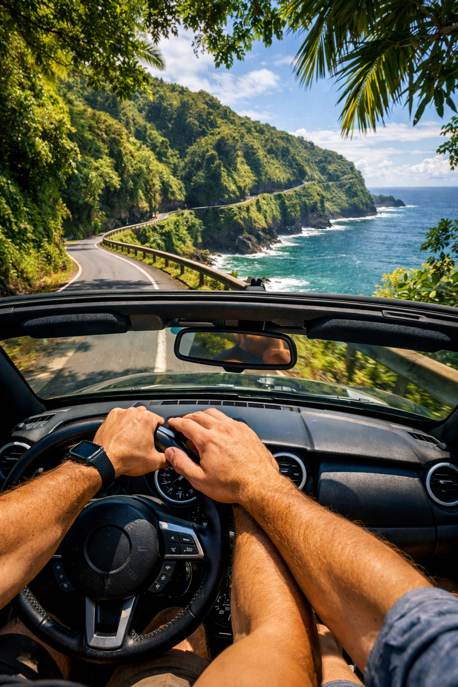 Two men driving together on Maui's scenic Road to Hana coastal route