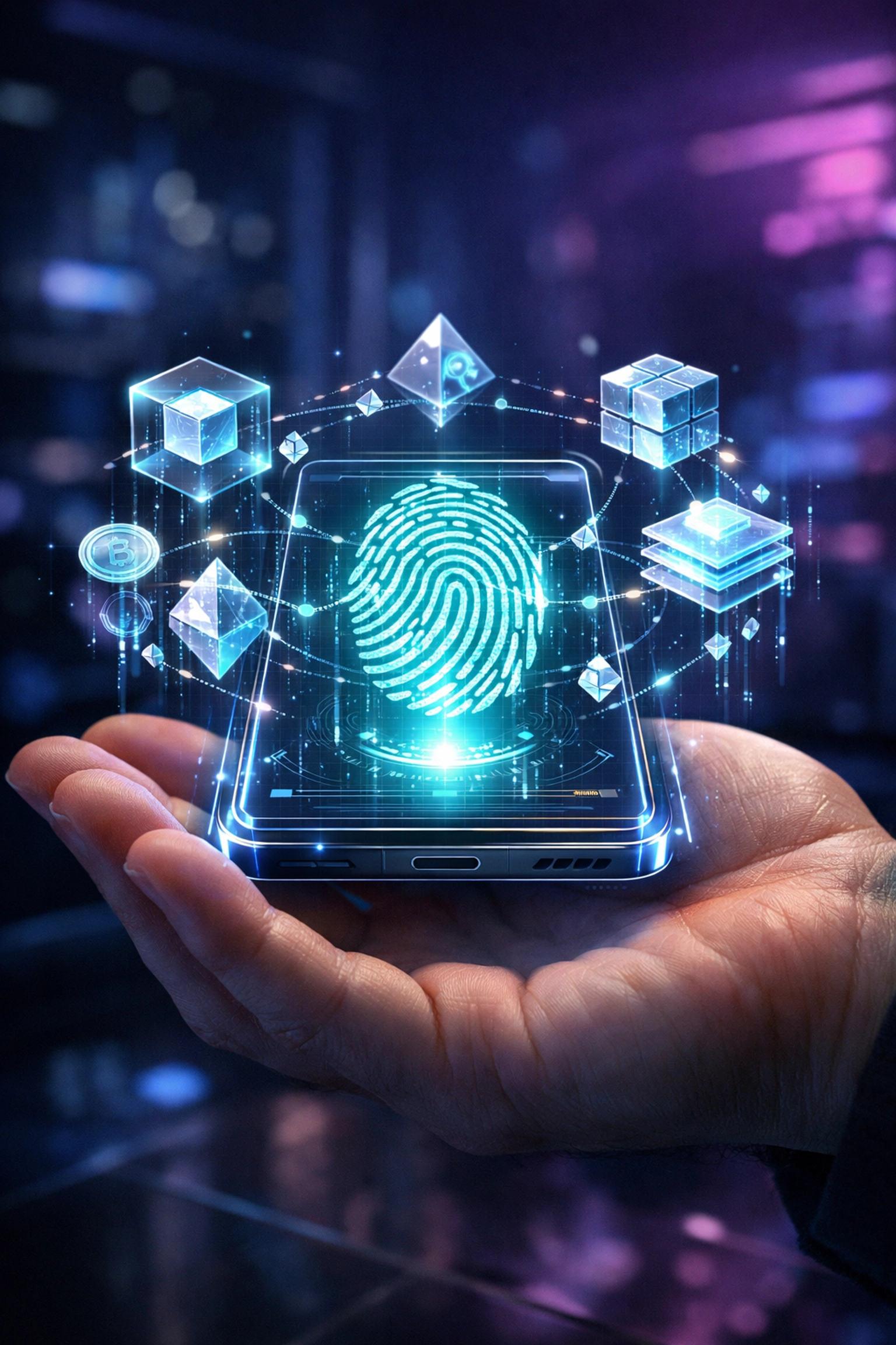 Secure Larecoin crypto wallet with biometric fingerprint scanning and holographic blockchain interface for Web3.