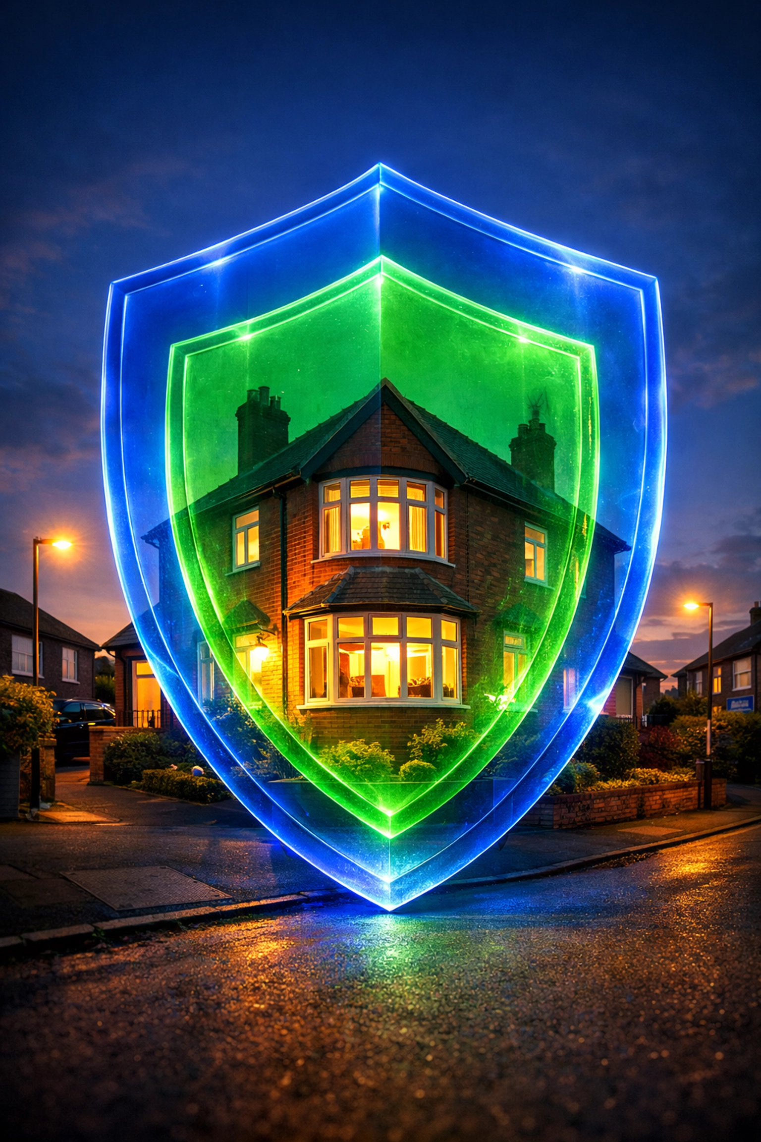 A classic Oldham home protected by dual insurance shields providing peace of mind and mortgage security.