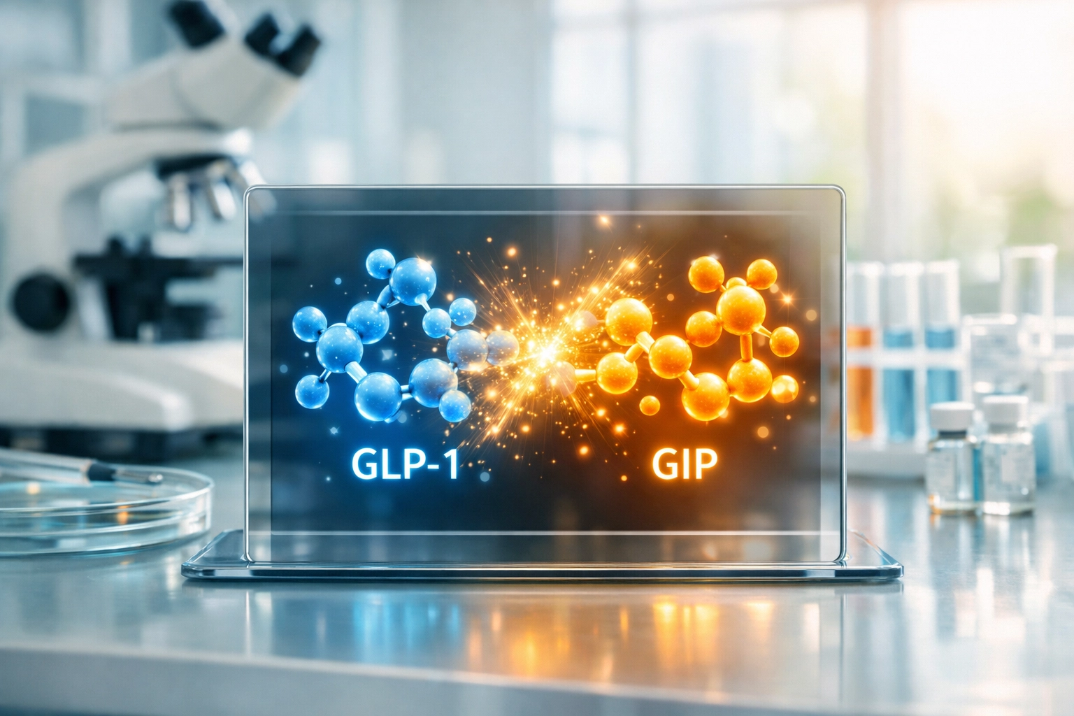 Visual representation of dual-action GLP-1 and GIP hormones for weight management.