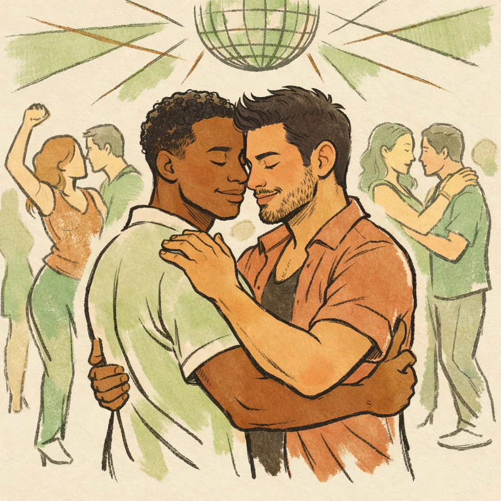 Gay couple dancing intimately at Paradise Garage nightclub during 1980s underground scene