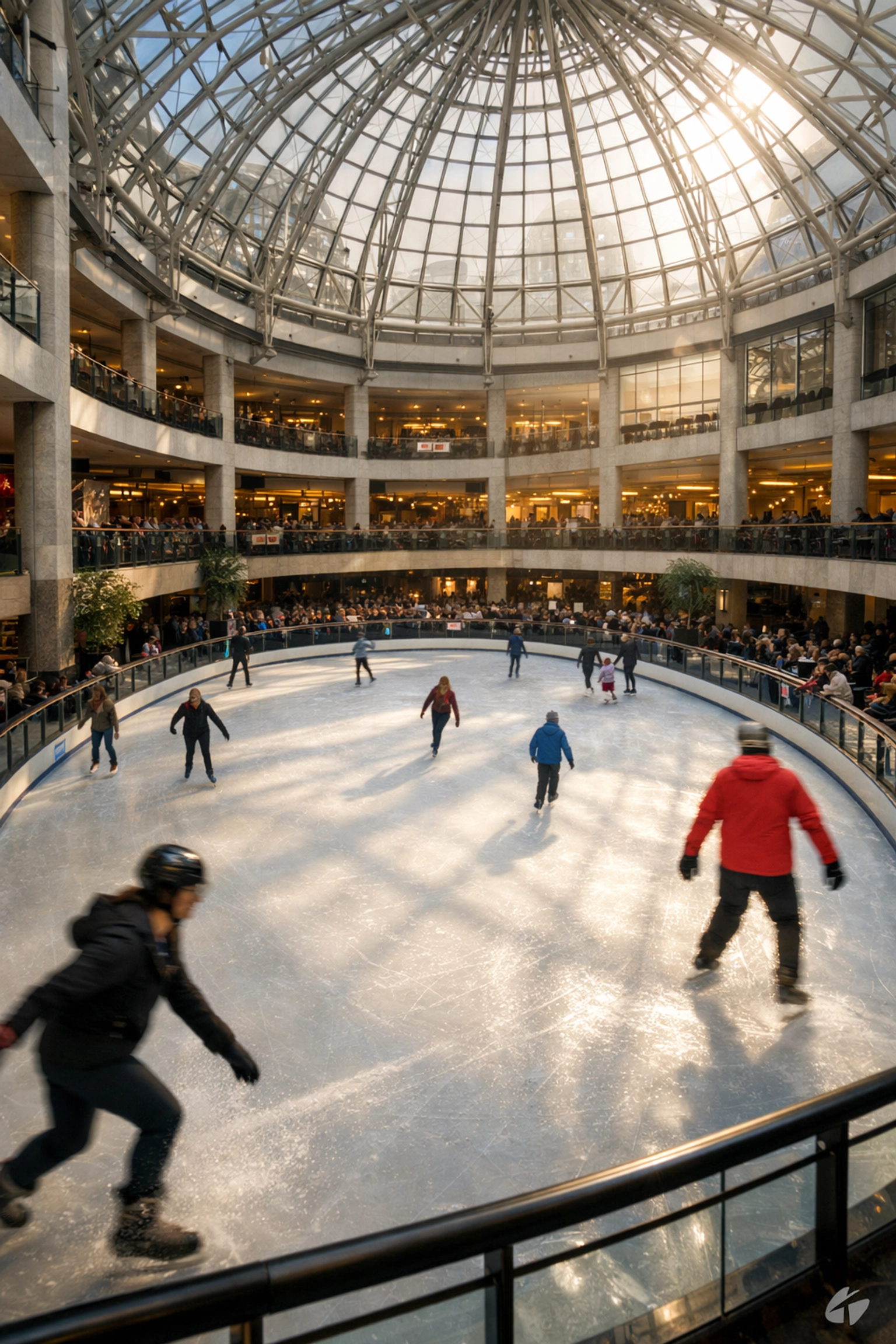 Skaters enjoying the Atrium Le 1000 indoor ice rink in downtown Montreal under a glass dome.