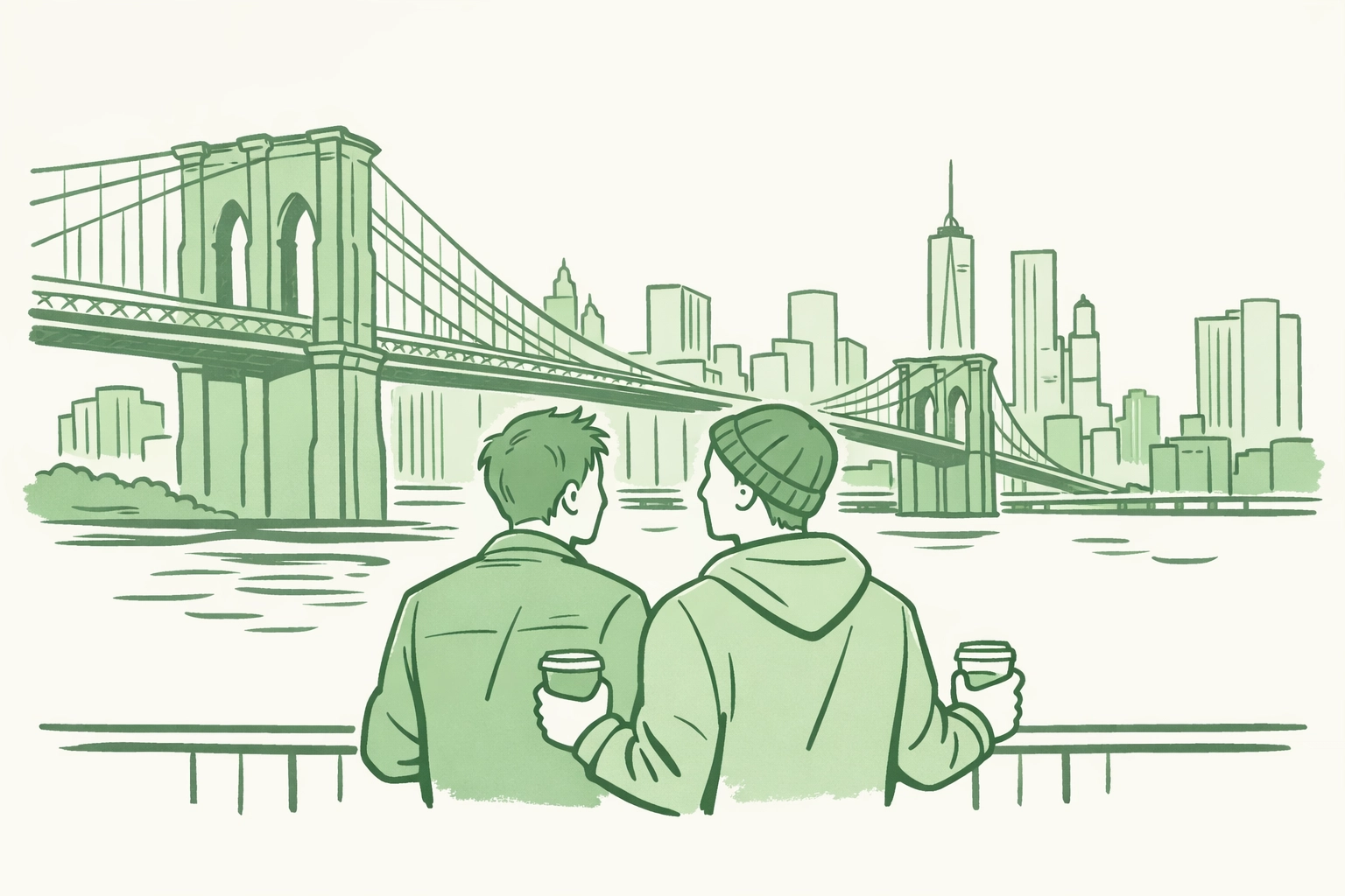 Gay couple at Brooklyn waterfront with bridge view showing emerging queer neighborhood