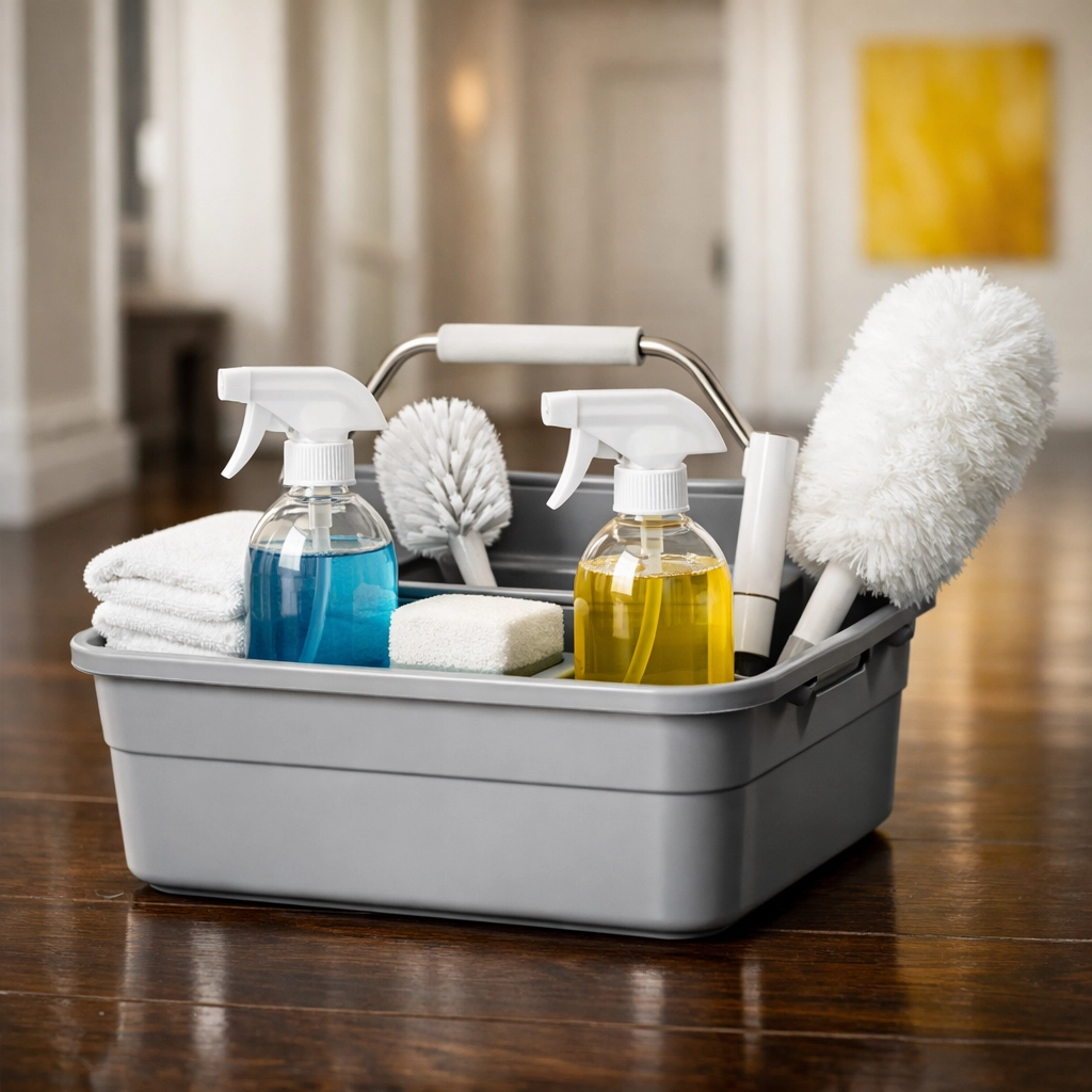 Eco-friendly supplies used by professional cleaners in Marblehead on a polished hardwood floor.