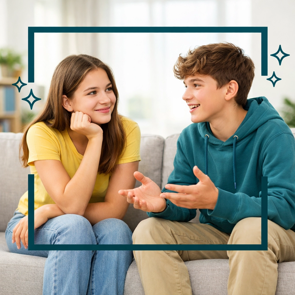 Two teenagers demonstrating active listening and showing interest during a friendly conversation.