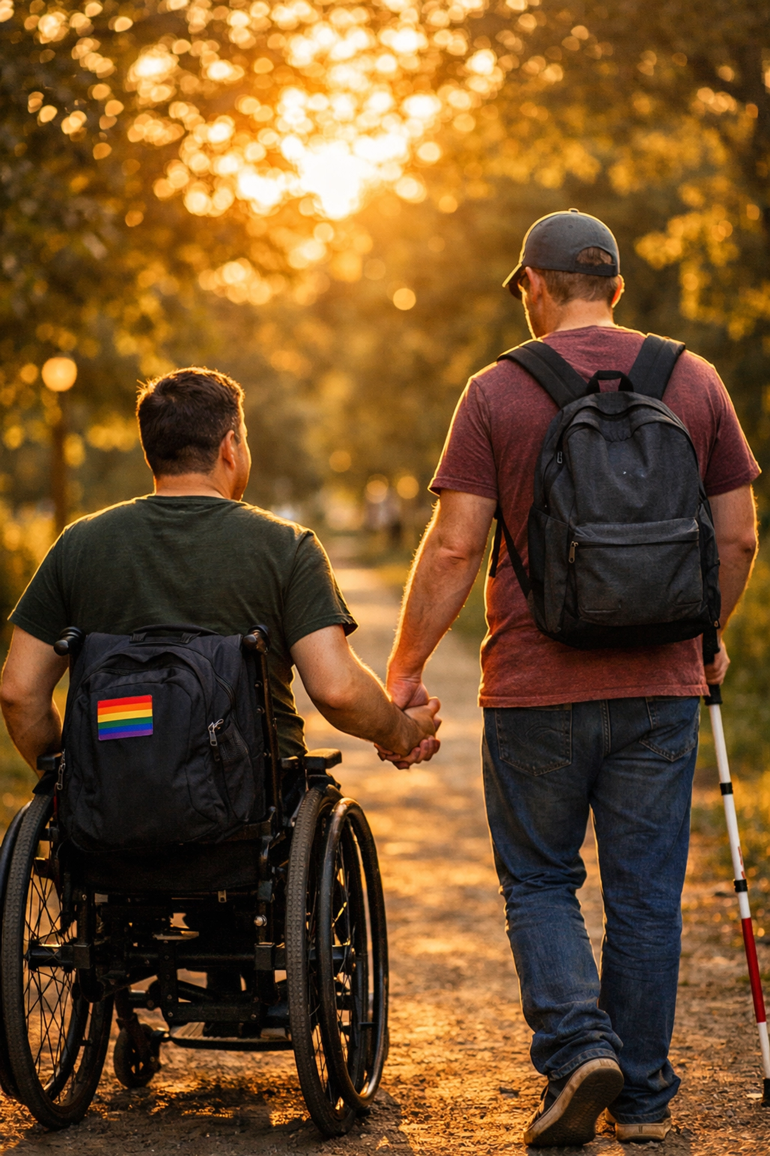 Two gay men with disabilities holding hands outdoors celebrating queer pride and love