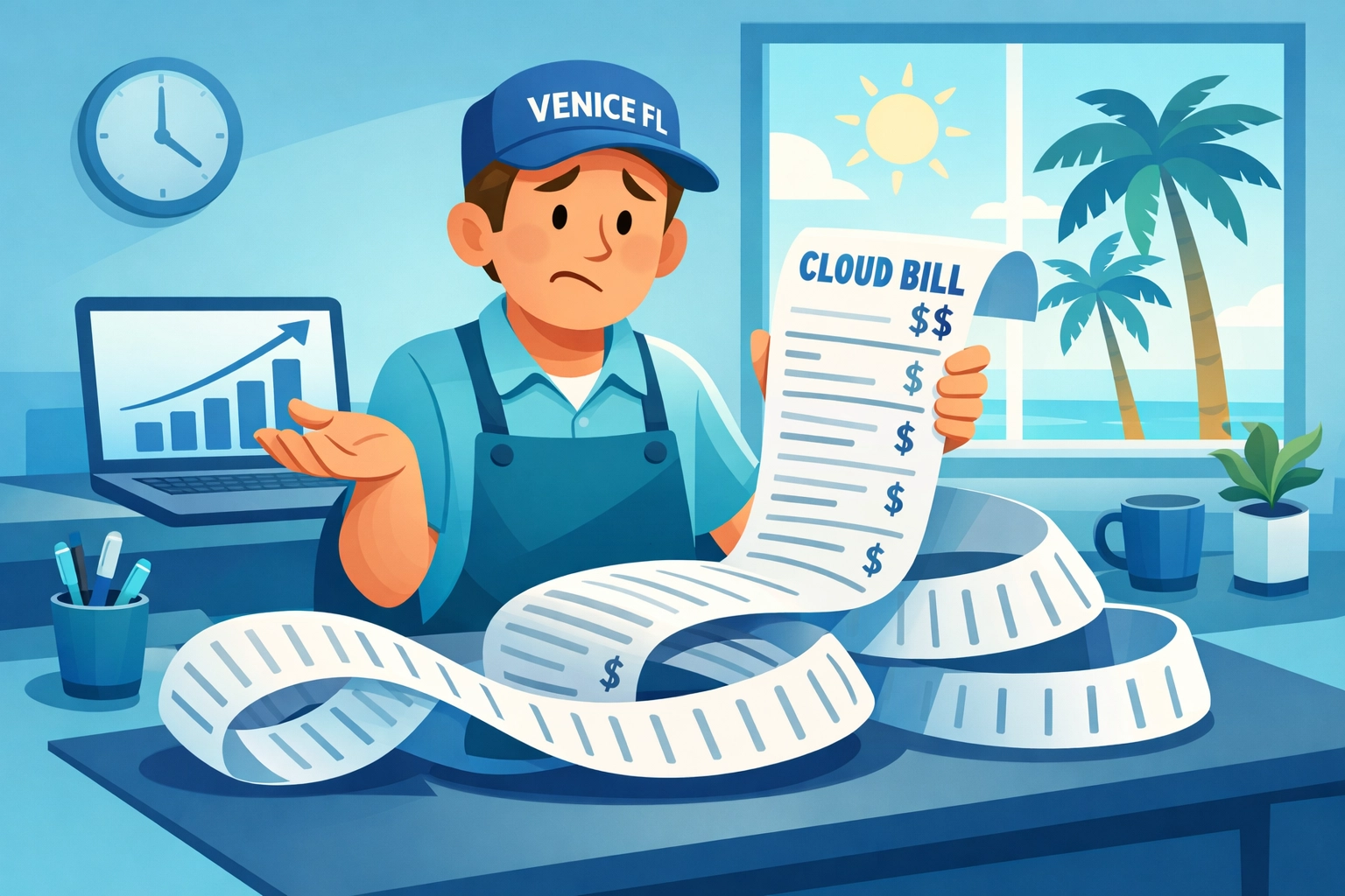 Venice FL business owner confused by unexpectedly high cloud computing bill on desk