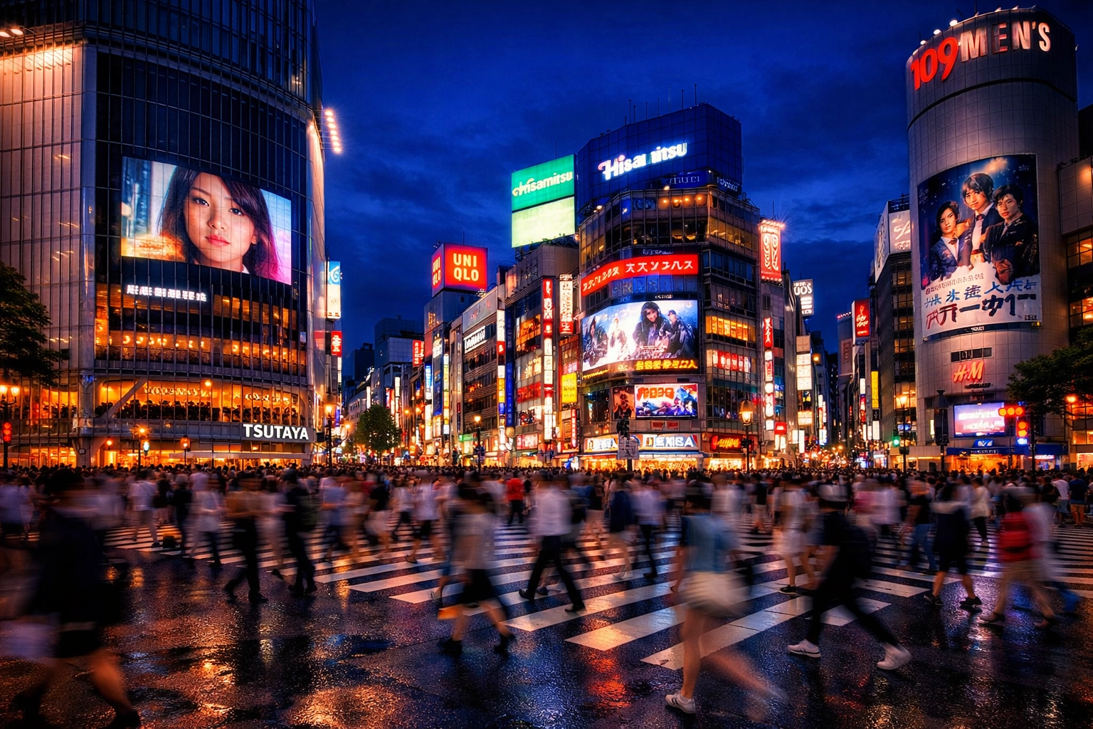 The iconic Shibuya Crossing at night, a must-see photography location on any Tokyo food tour.
