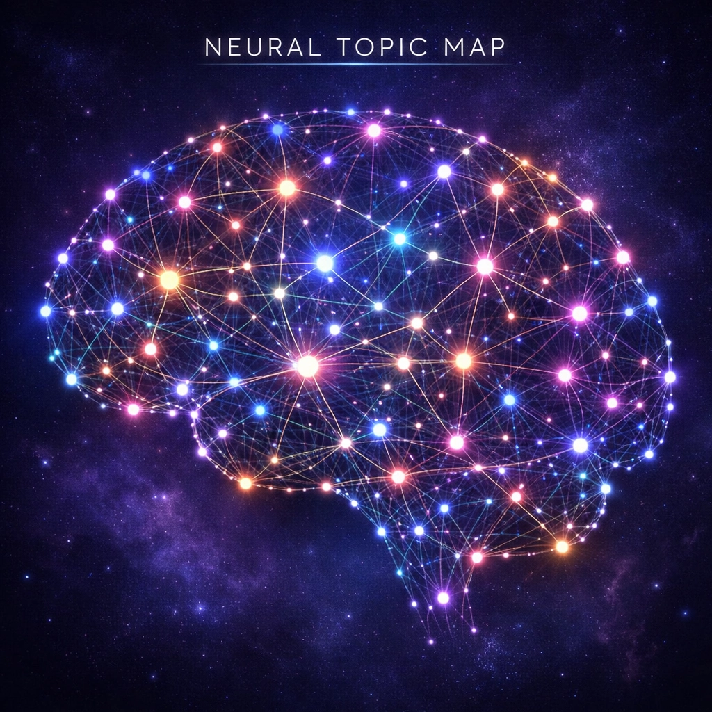A neural map showing semantic relationships between keywords to build topical authority and rank for clusters.
