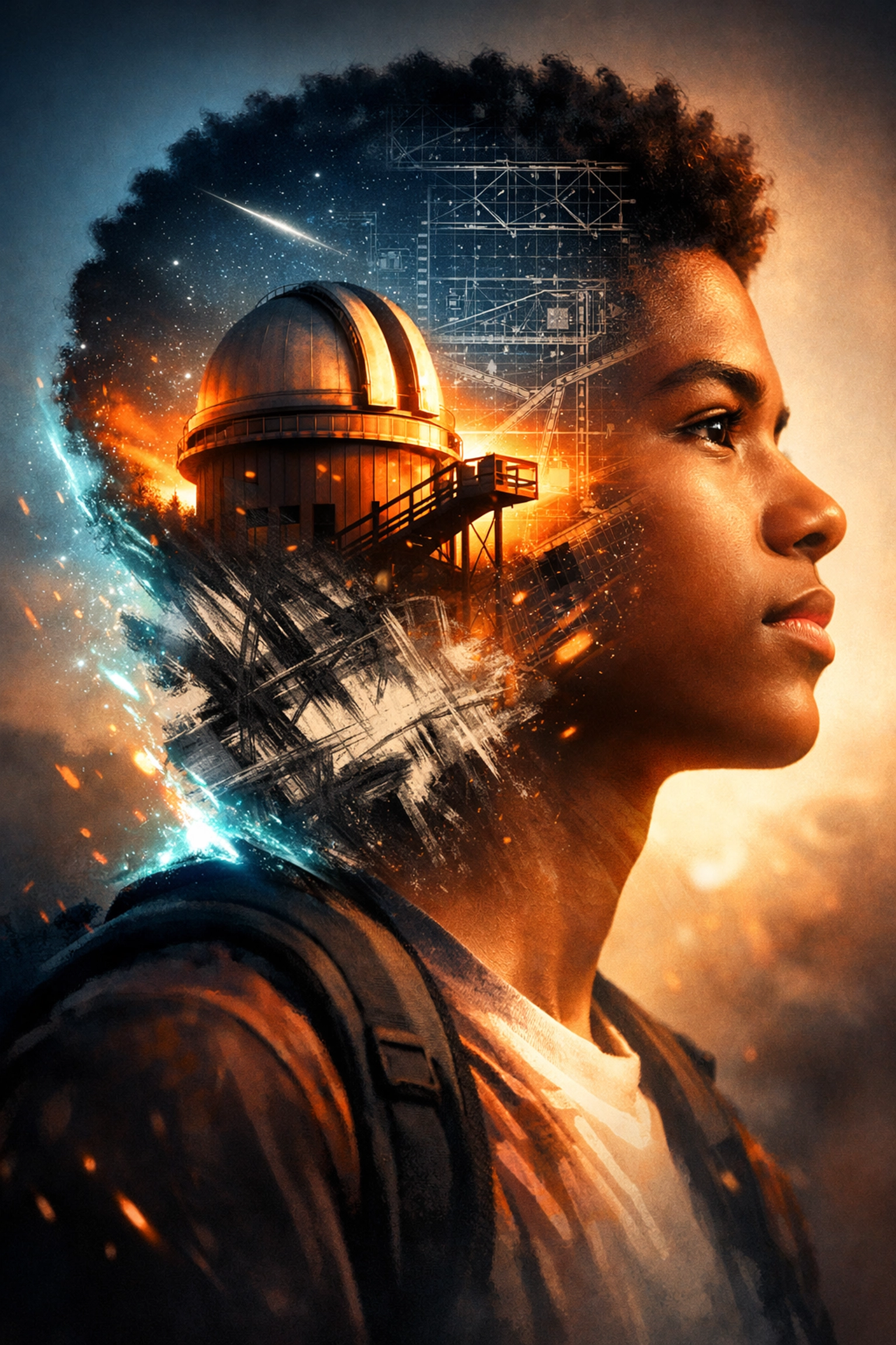 A confident student with an angular profile featuring academic interests in science and art.