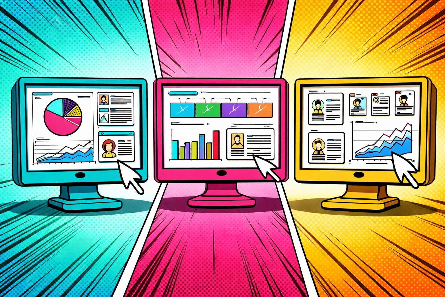 Pop art split-screen showing dashboards and pipelines, highlighting comparison of sales automation tools and features.