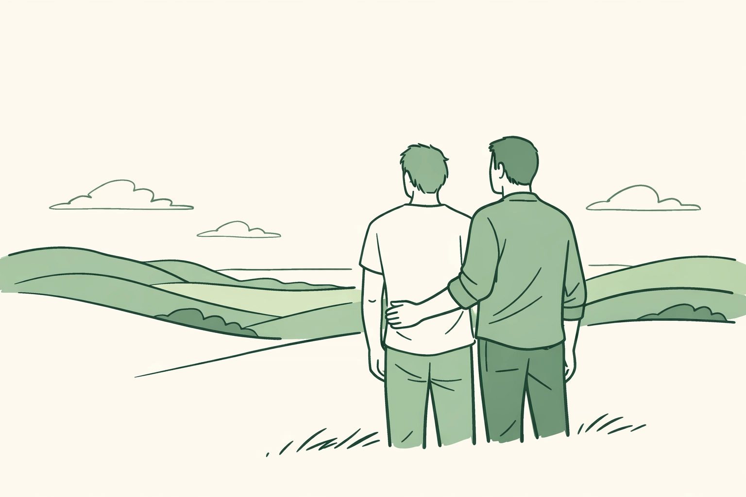 Minimalist illustration of a male couple looking at a horizon, exploring non-binary identity and self-discovery.