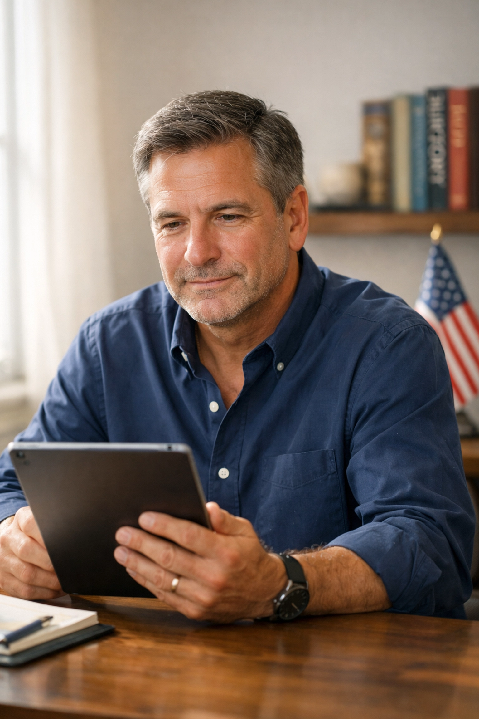 A community leader reading patriotic CEO letters and veteran initiatives on a tablet in a sunlit home office.