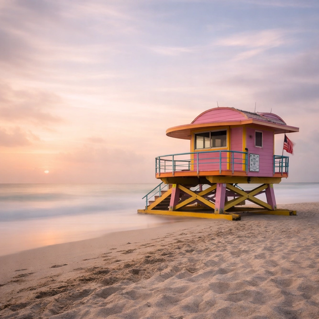 Miami South Beach lifeguard stand at sunrise featuring dreamy photography editing and ethereal style.