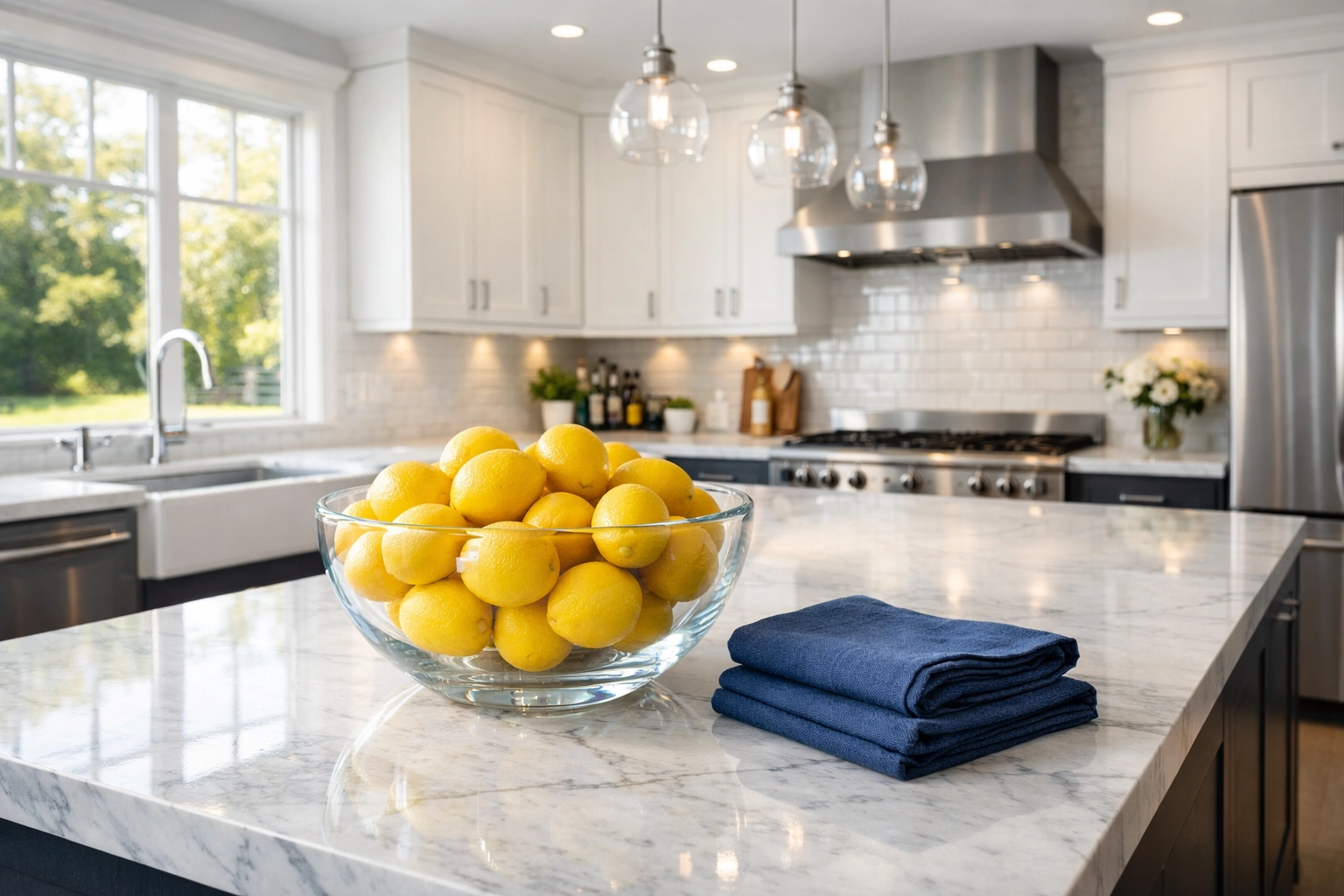Pristine kitchen with marble countertops after weekly house cleaning Leominster MA.