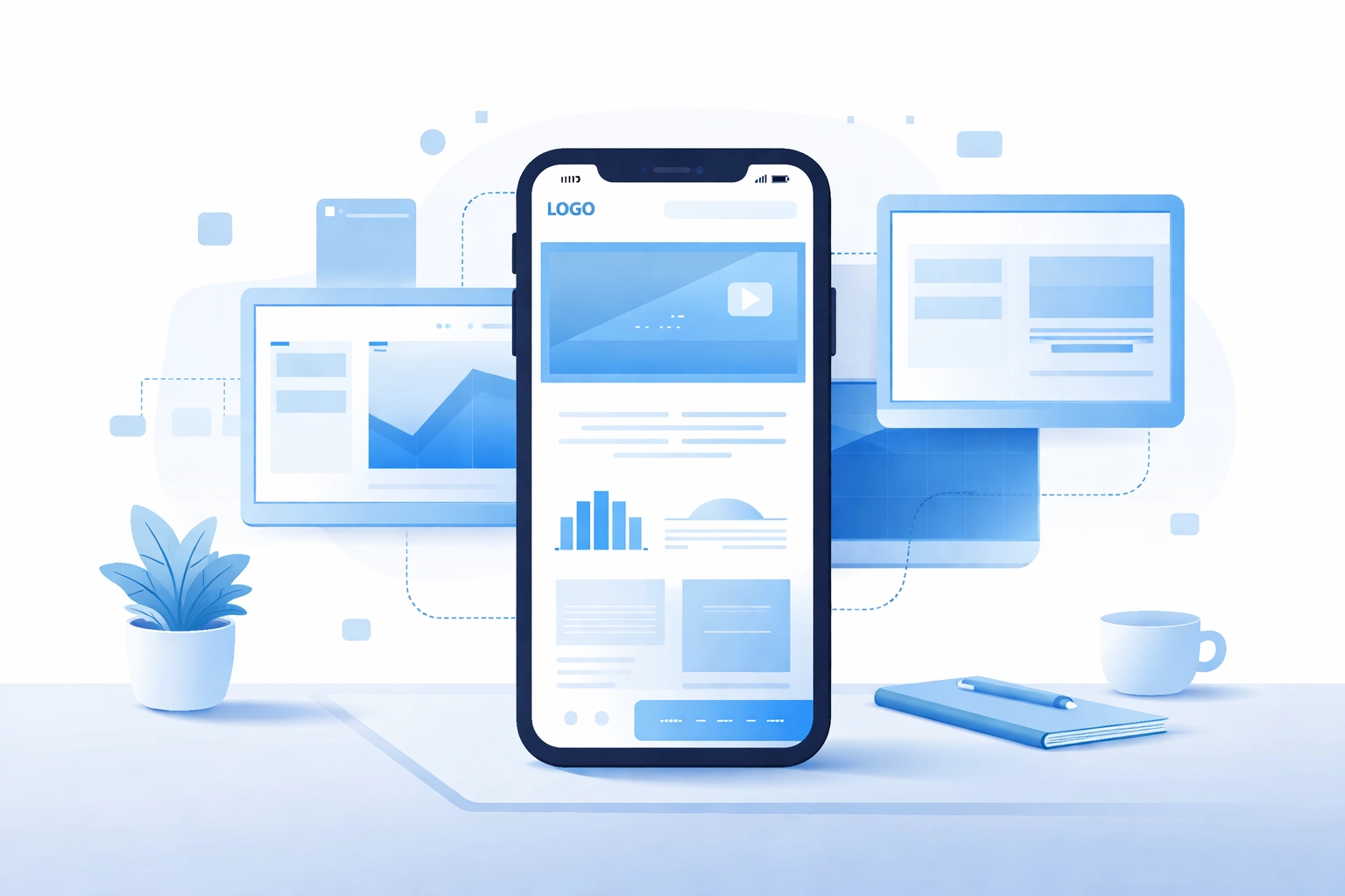 Smartphone on minimalist desk displaying a mobile-friendly website to illustrate mobile-first responsive design