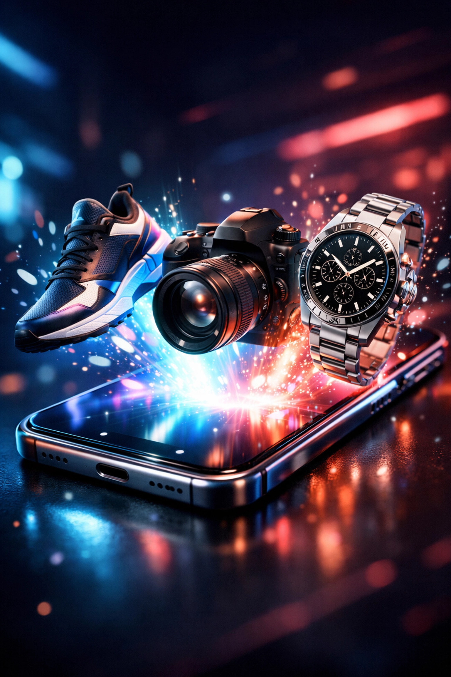 Futuristic smartphone displaying a seamless in-app purchase experience with products emerging from the screen.