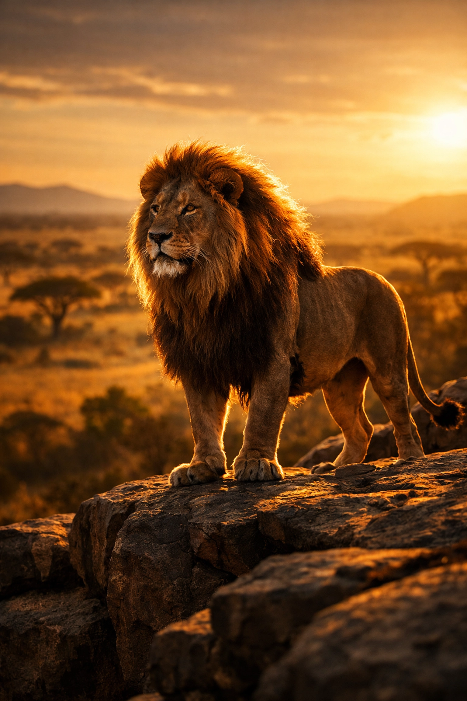 A powerful lion overlooking a savanna, representing the strength of comprehensive life insurance for your family.