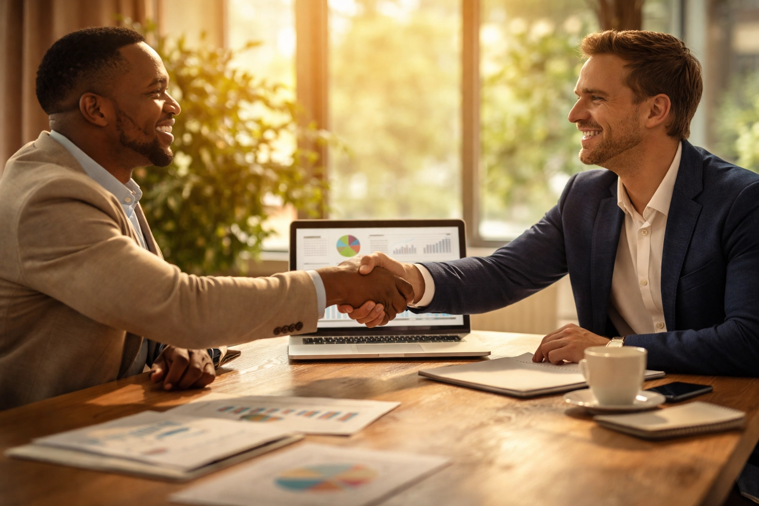 Professionals shaking hands after successful nonprofit sponsorship pitch meeting with presentation deck