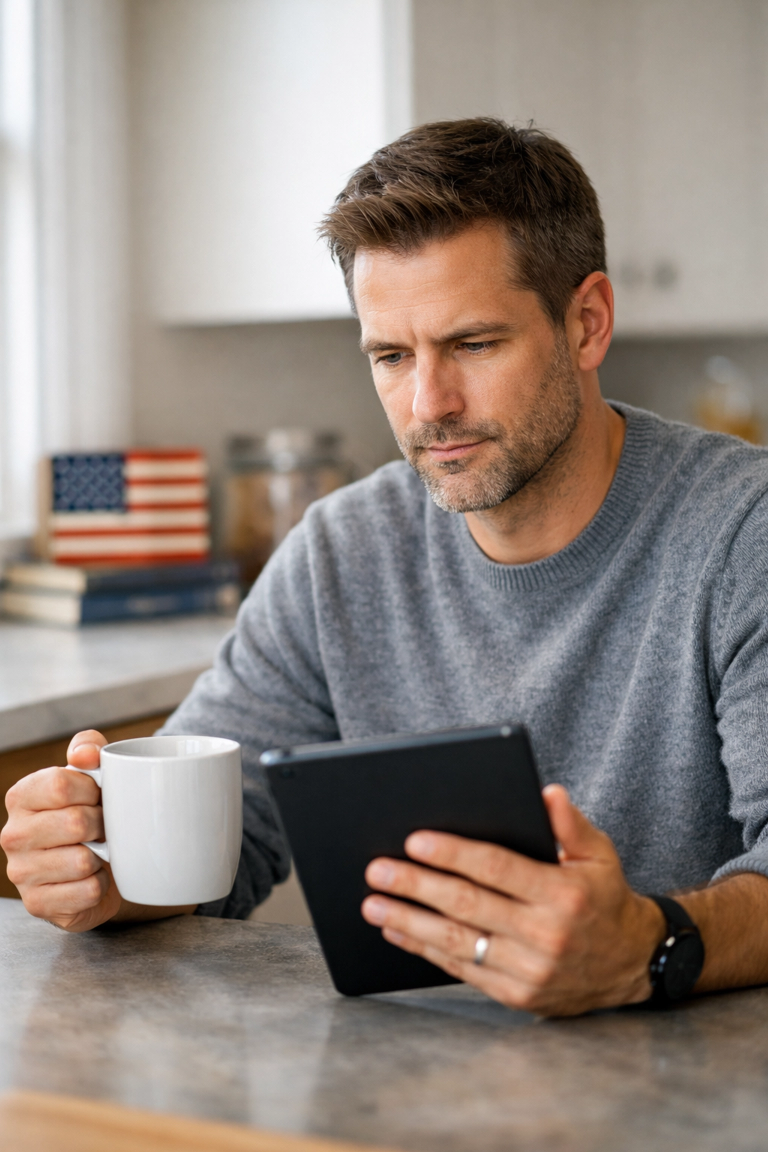 Professional reading a daily press release on veteran initiatives and patriotic updates on a tablet.