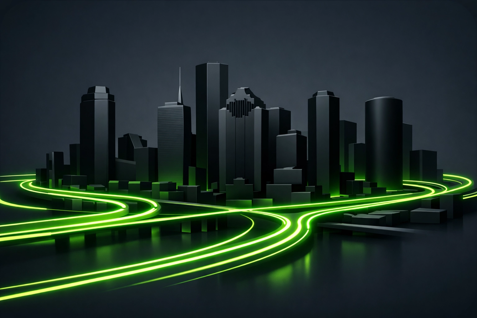 Digital map of Houston skyline with neon green routes for local towing and recovery Houston leads.