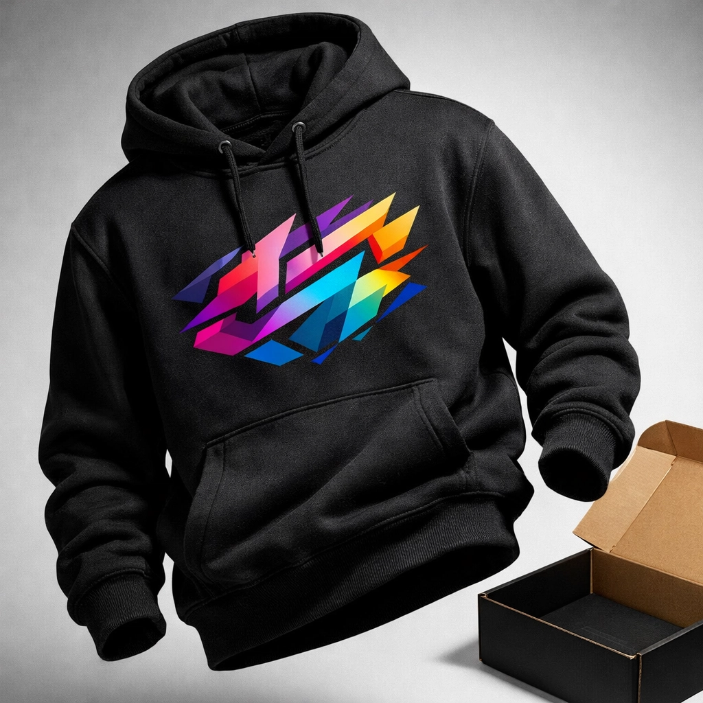 Premium custom hoodie with vibrant digital print prepared for fast small batch shipping and delivery.