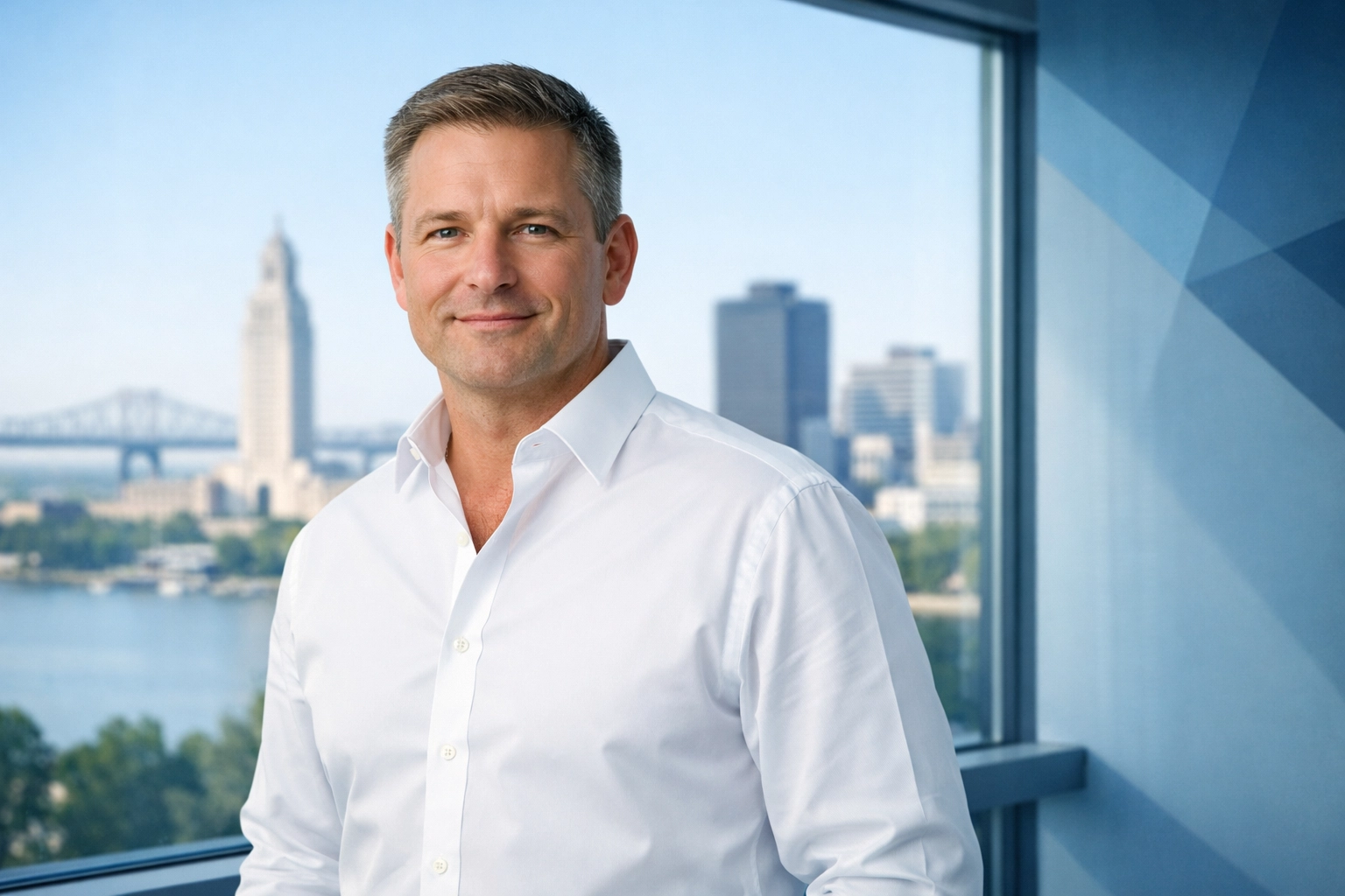 Business owner overlooking a Louisiana city skyline, reflecting leadership and confidence in franchise acquisition.