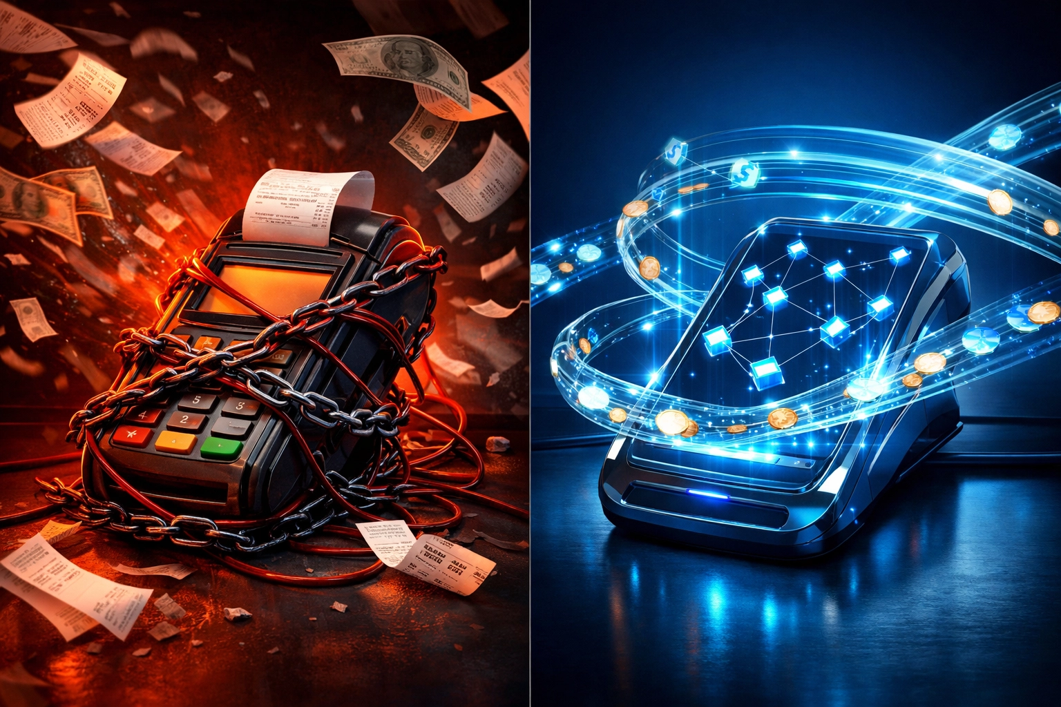 Traditional payment terminal vs LareBlocks blockchain payment system comparison