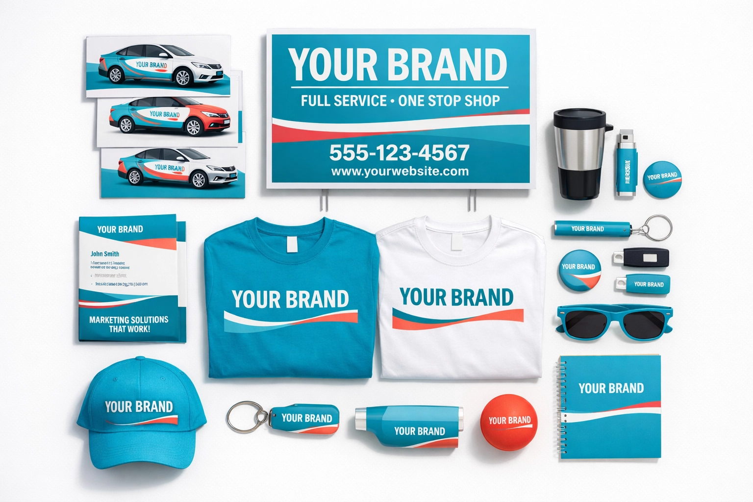 Complete branded marketing package including signs, vehicle wraps, apparel, and promotional items