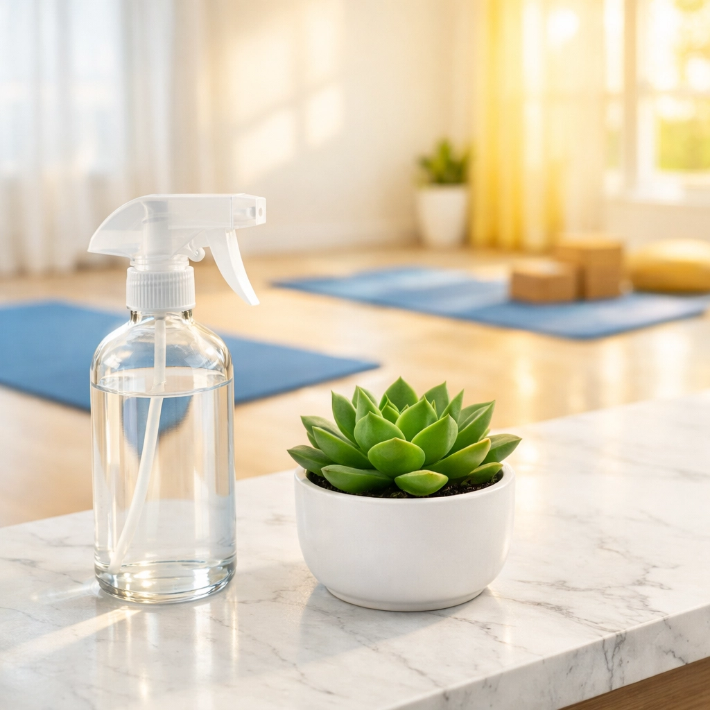 Eco-friendly non-toxic cleaning supplies in a pristine Melrose yoga studio.