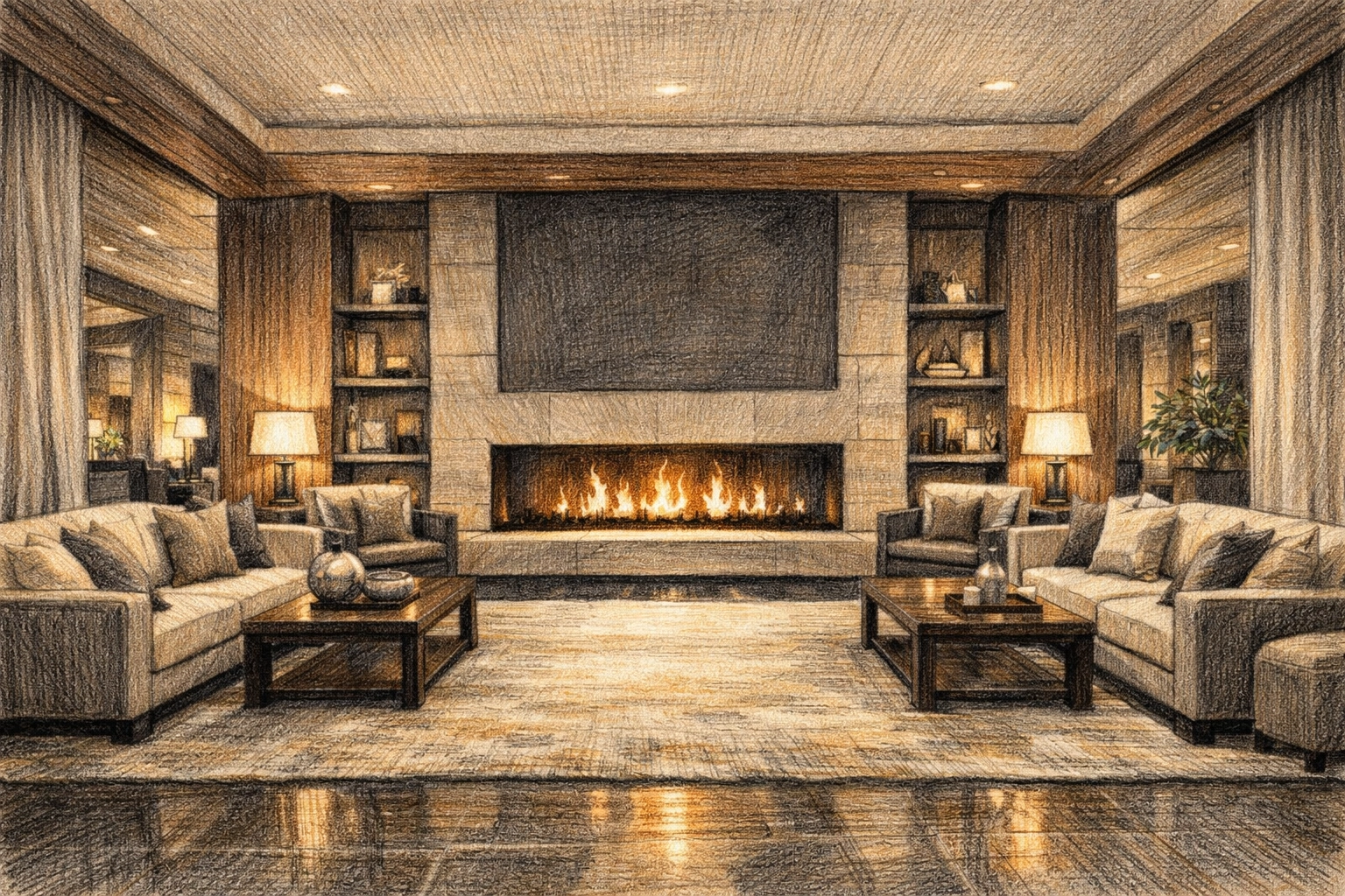 Modern luxury hospitality design in a neutral-toned hotel lobby with a minimalist fireplace.