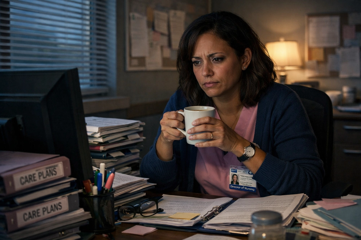 Overwhelmed Director of Nursing at desk with paperwork during first month at nursing home