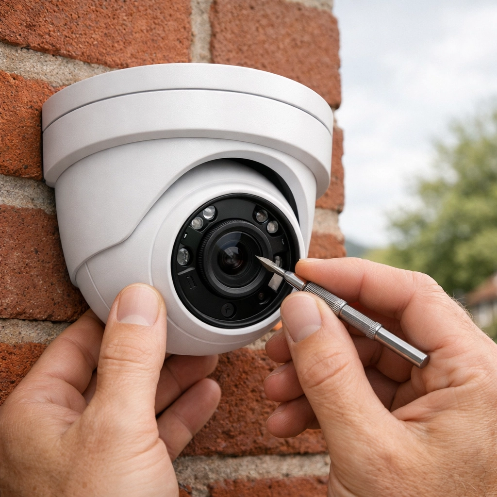 Expert installation of a sleek NVR IP security camera on a brick wall for a Wiltshire property.