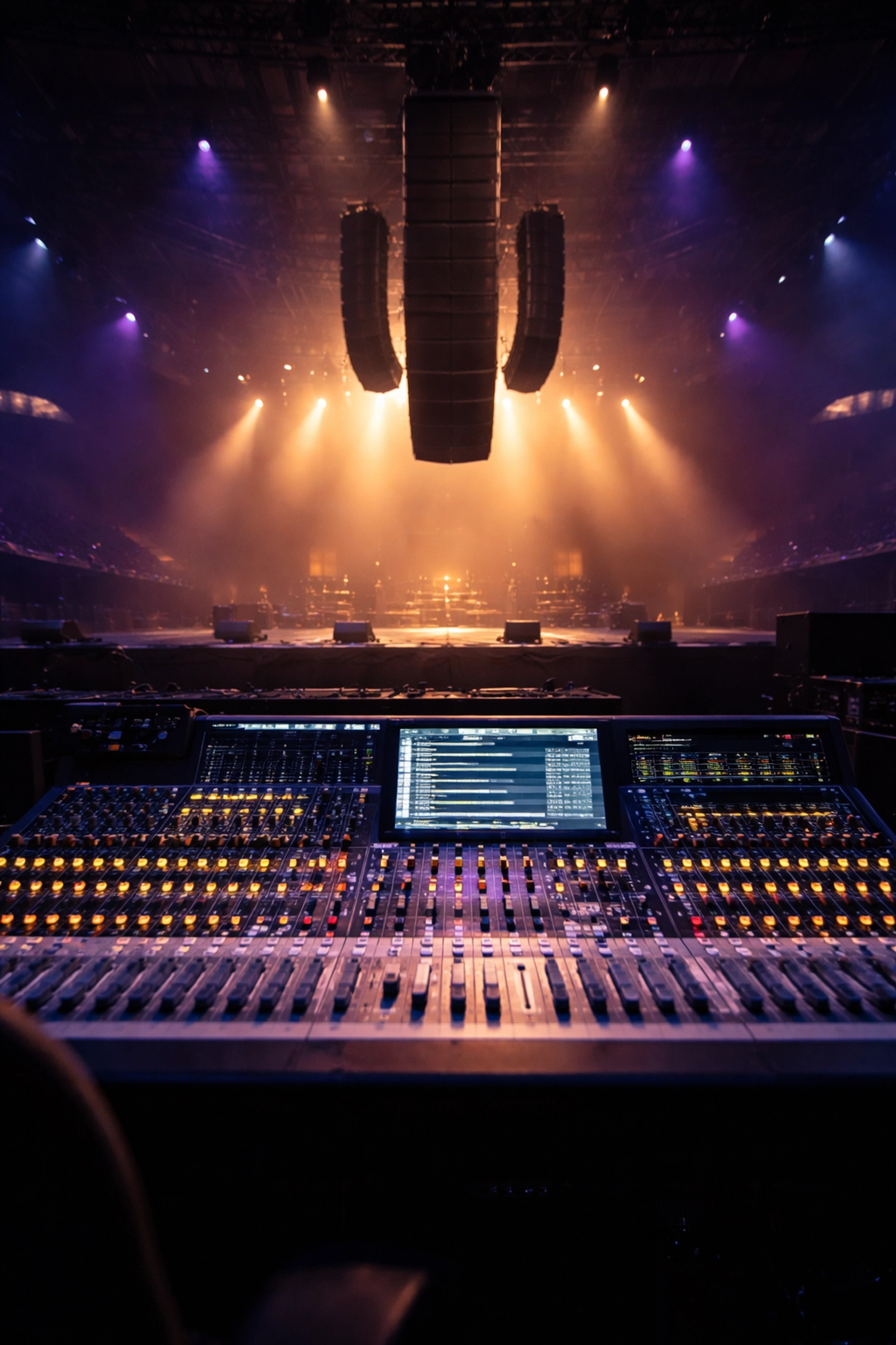 Concert sound engineer’s view of empty stage with professional audio equipment and stadium lighting, showcasing live event production excellence